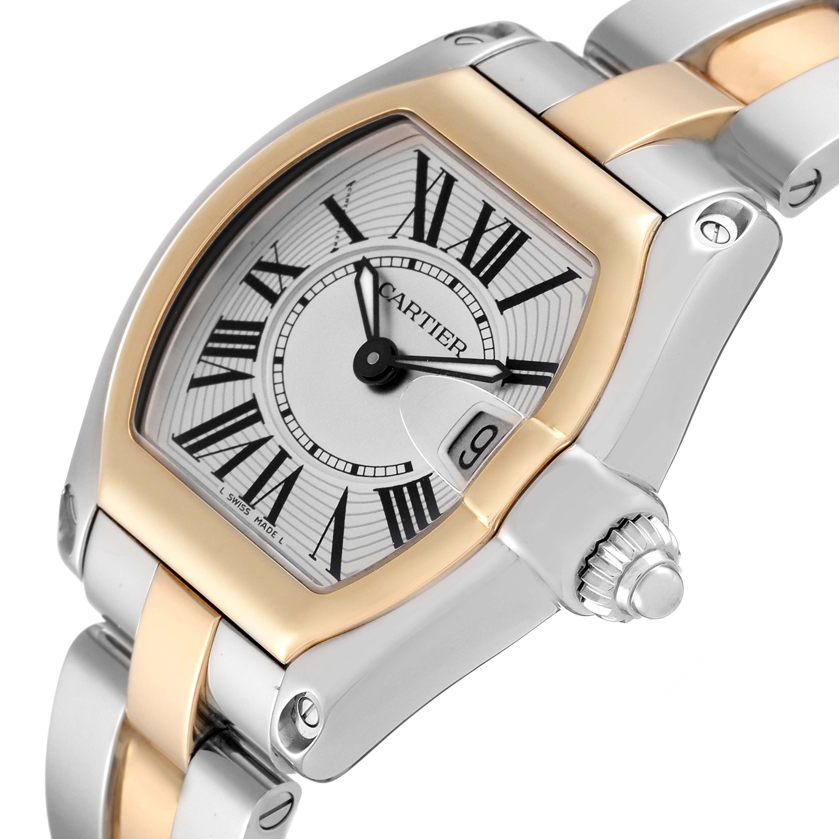 The image shows a close-up of the Cartier Roadster W62026Y4 Women's Steel and Gold (two tone) Silver Dial W62026Y4 Women's Steel and Gold (two tone) Silver Dial watch at an angle highlighting the dial, case, crown, and part of the bracelet.