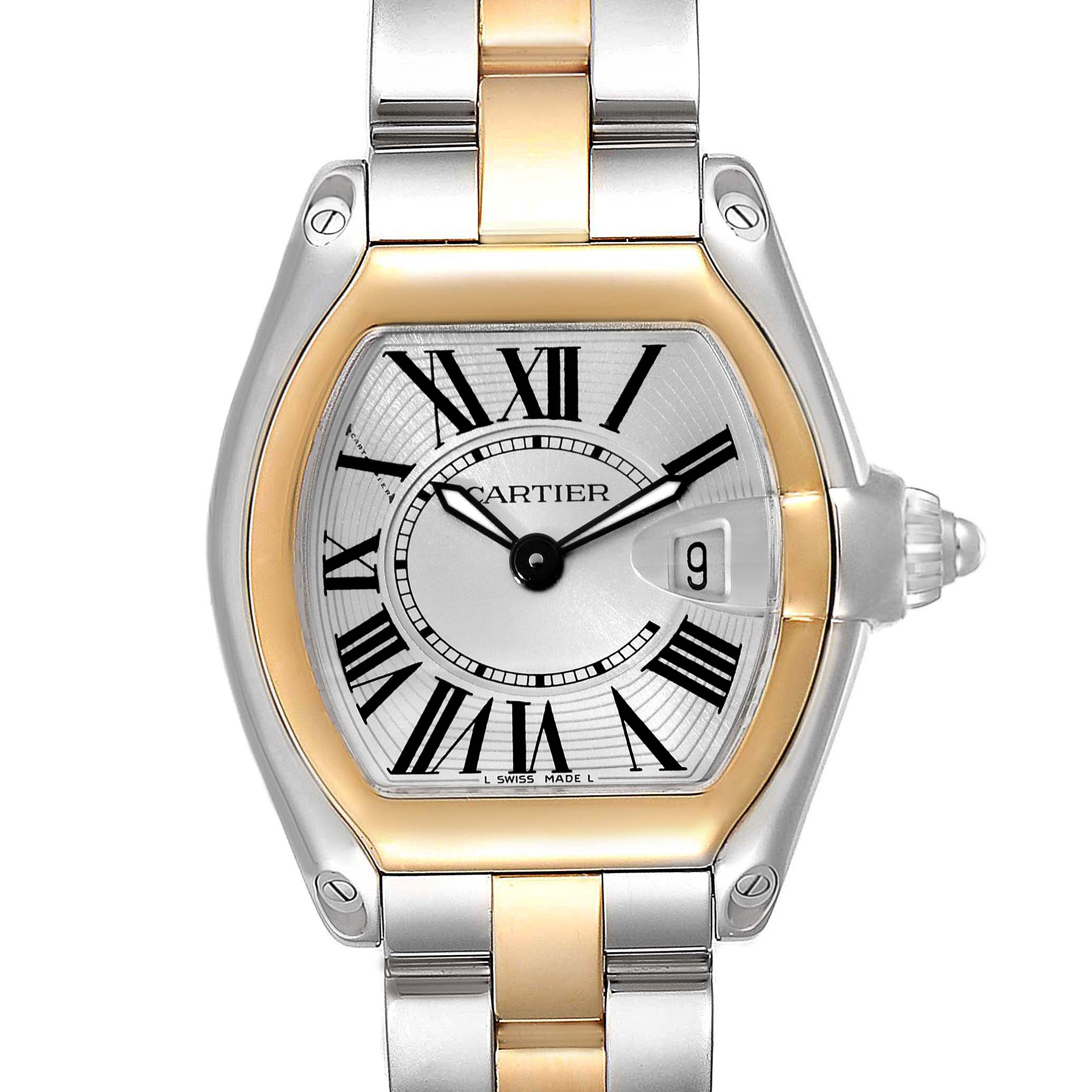 The image shows a Cartier Roadster W62026Y4 Women's Steel and Gold (two tone) Silver Dial W62026Y4 Women's Steel and Gold (two tone) Silver Dial watch from a front angle, highlighting the face, bezel, bracelet, and crown details.
