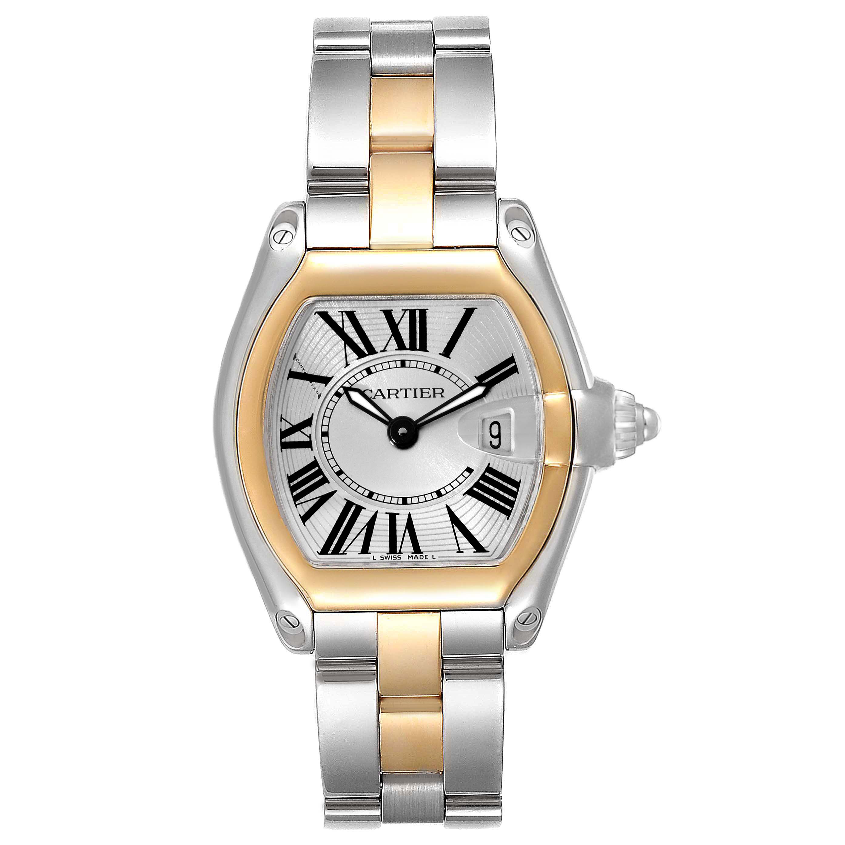 The Cartier Roadster W62026Y4 Women's Steel and Gold (two tone) Silver Dial W62026Y4 Women's Steel and Gold (two tone) Silver Dial watch is shown from a top-down angle, highlighting its face, bezel, and bracelet.