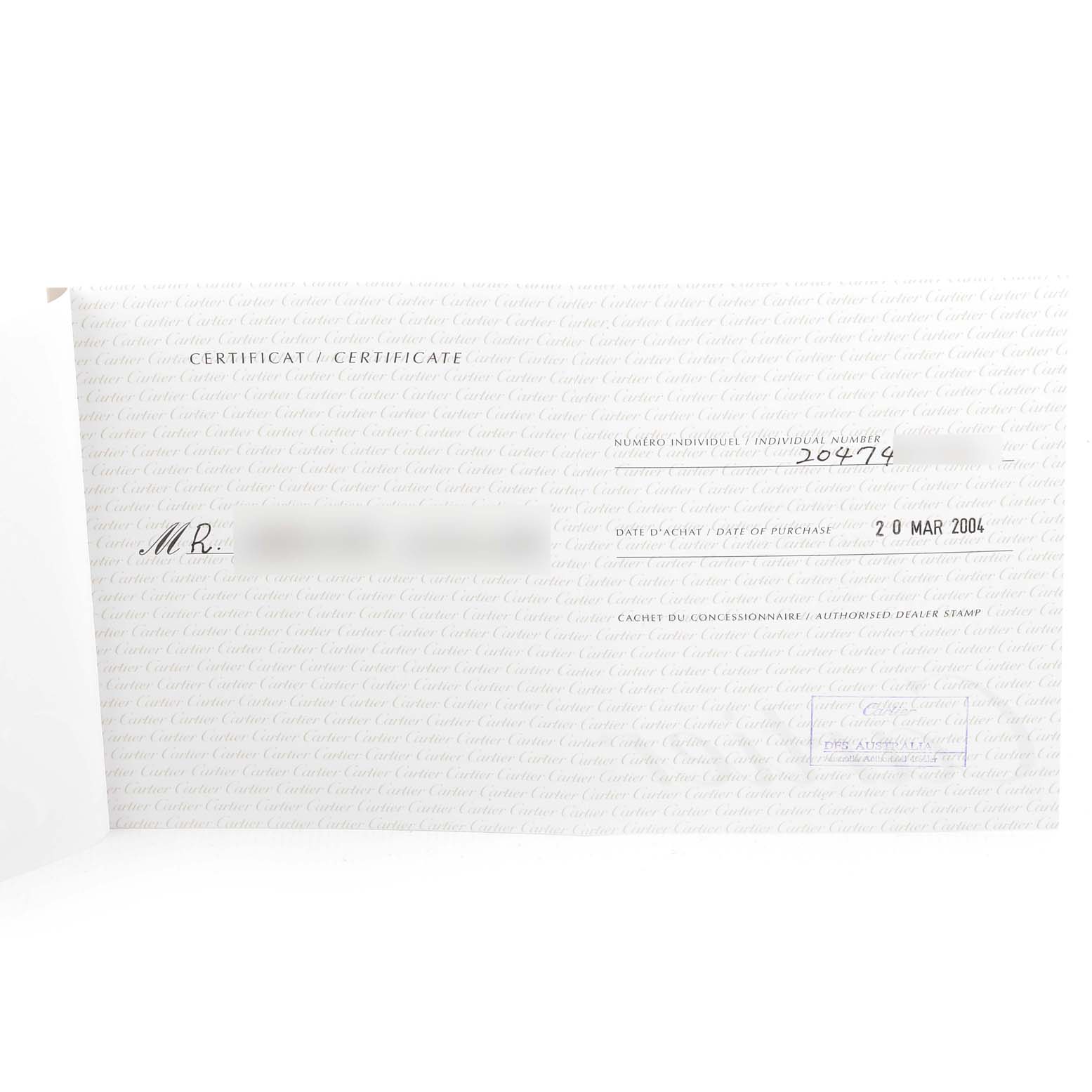 The image shows a certificate for the Cartier Roadster W62002V3 Men
s Stainless Steel Black Dial W62002V3 Men
s Stainless Steel Black Dial watch, including individual number and date of purchase details.