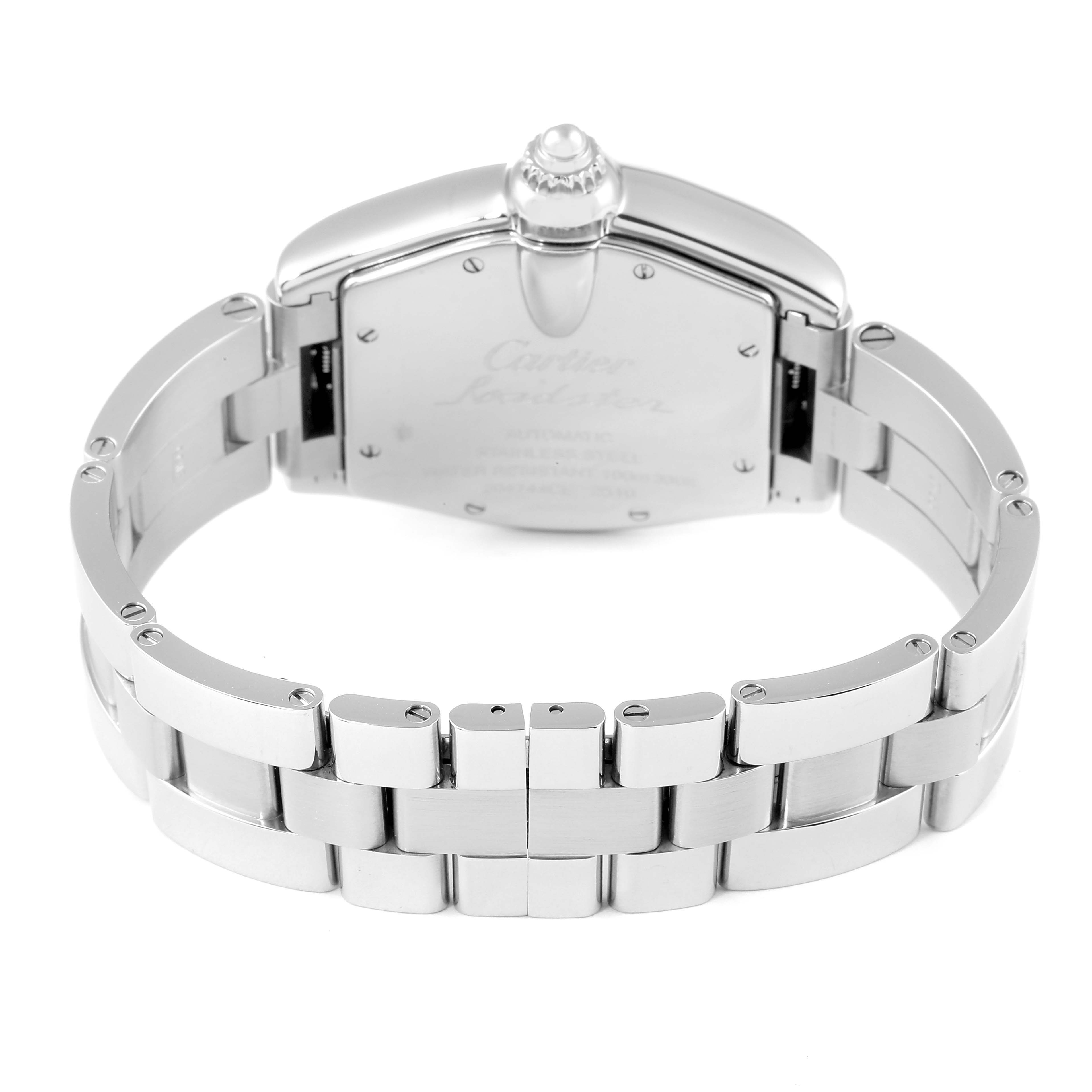 The image shows the back of the Cartier Roadster W62002V3 Men
s Stainless Steel Black Dial W62002V3 Men
s Stainless Steel Black Dial watch, including the bracelet and caseback with the crown at the top.