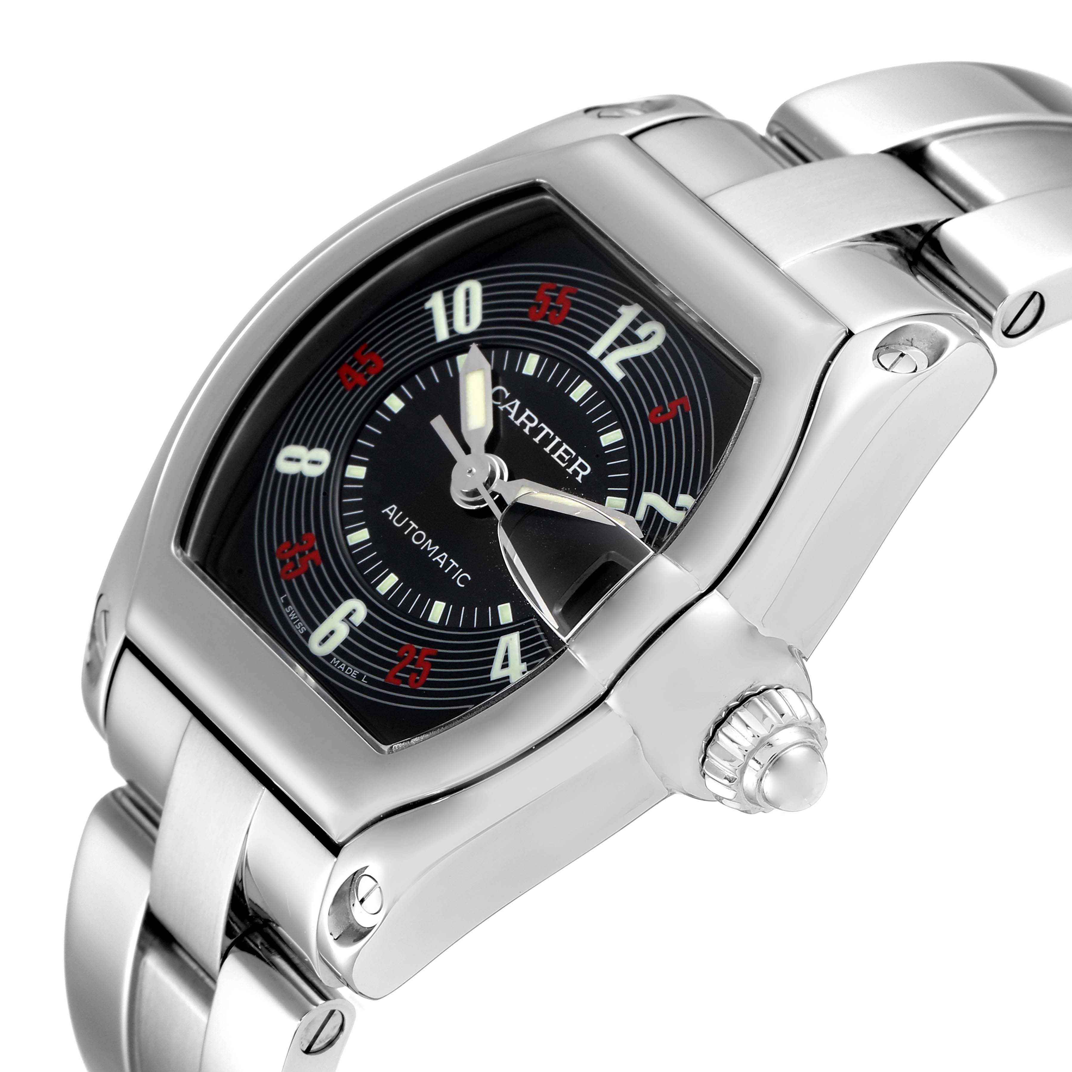 The image shows a Cartier Roadster W62002V3 Men
s Stainless Steel Black Dial W62002V3 Men
s Stainless Steel Black Dial watch at an angled close-up view highlighting the face, crown, and part of the bracelet.