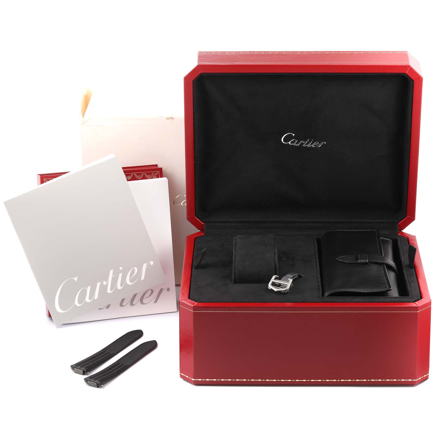 The Cartier Roadster W62002V3 Men
s Stainless Steel Black Dial W62002V3 Men
s Stainless Steel Black Dial watch and accessories, shown in a red box with documentation, are displayed from a frontal angle.