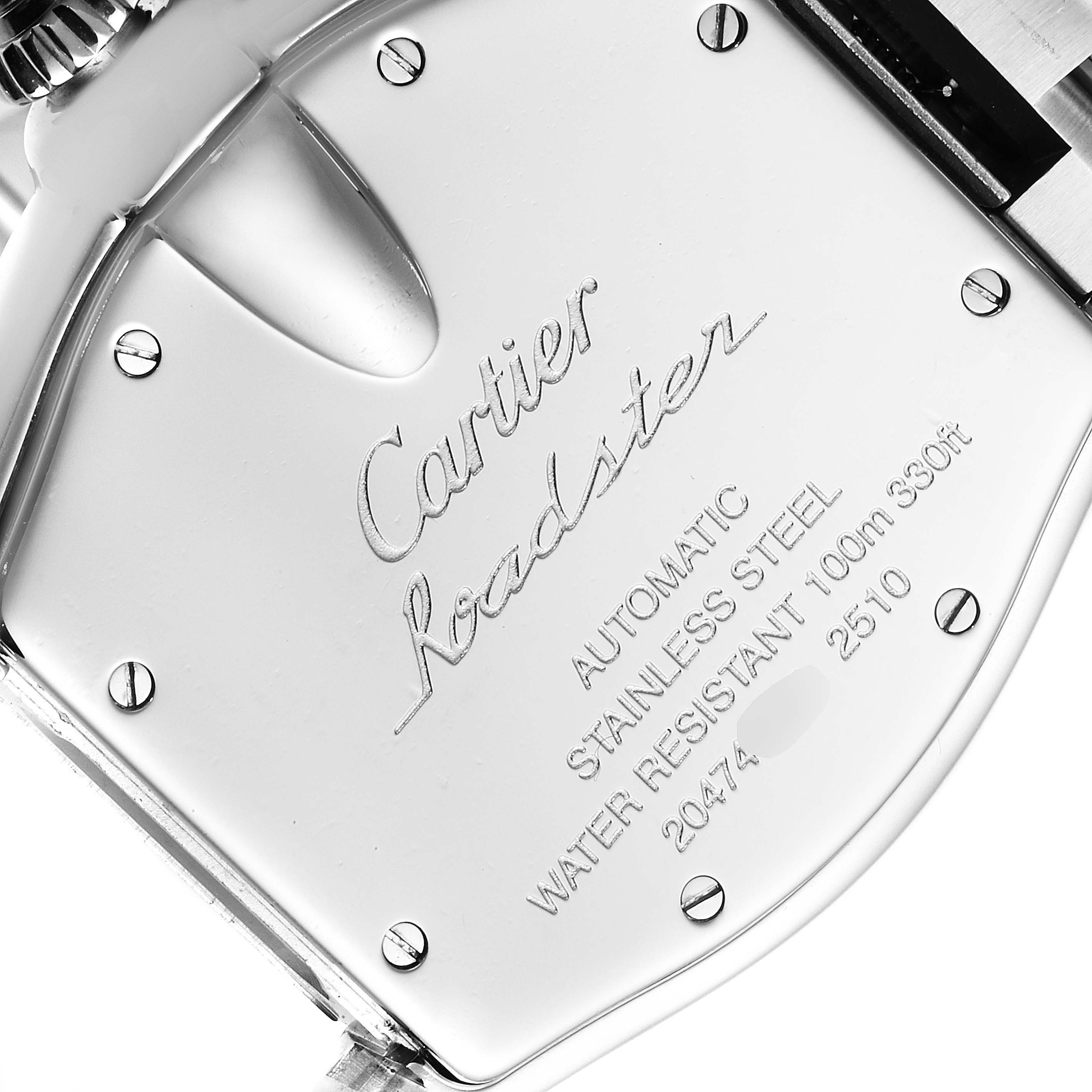 This image shows the back case of the Cartier Roadster W62002V3 Men
s Stainless Steel Black Dial W62002V3 Men
s Stainless Steel Black Dial watch, highlighting engraved details and specifications.