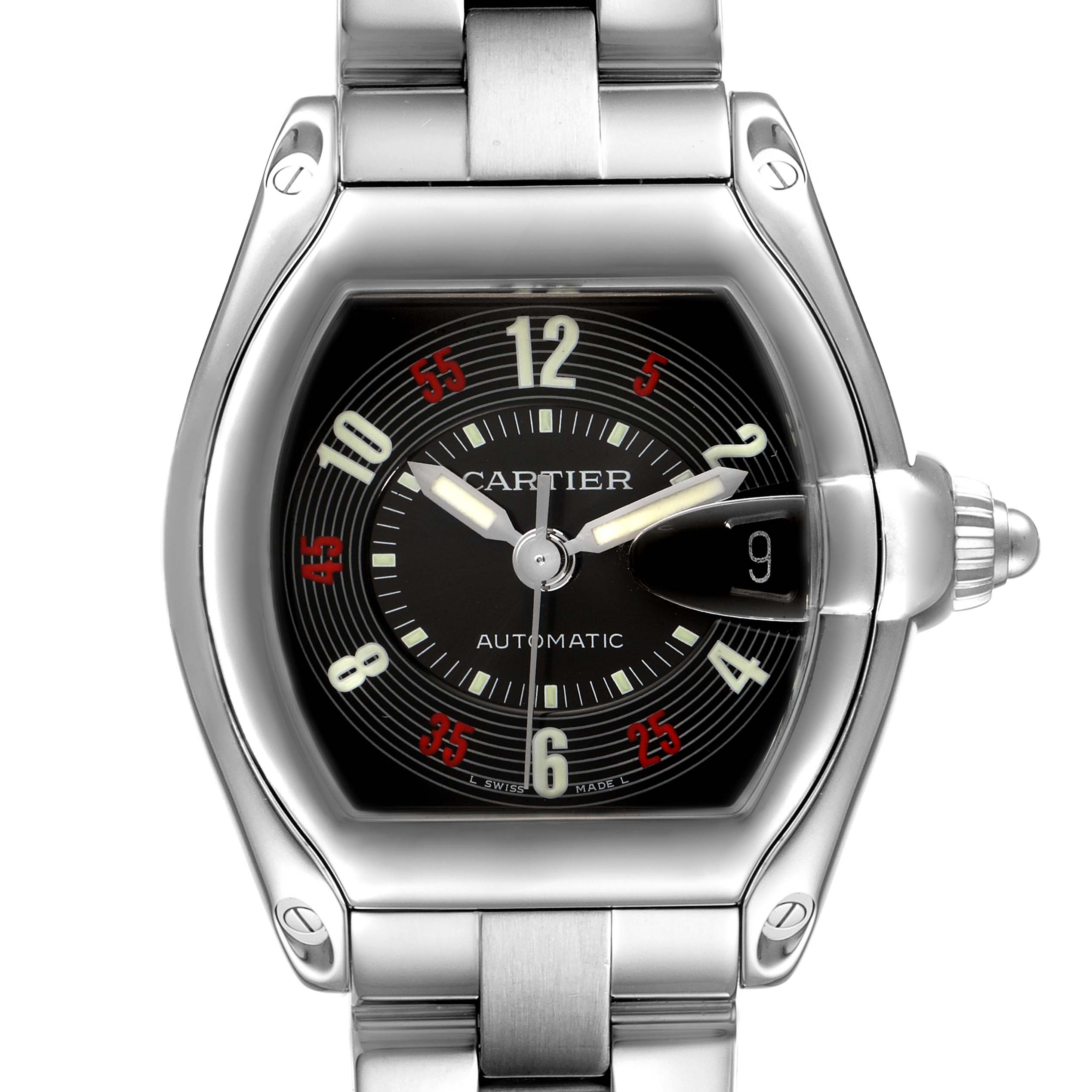 The image shows a front view of a Cartier Roadster W62002V3 Men
s Stainless Steel Black Dial W62002V3 Men
s Stainless Steel Black Dial watch, highlighting its dial, crown, and part of the bracelet.