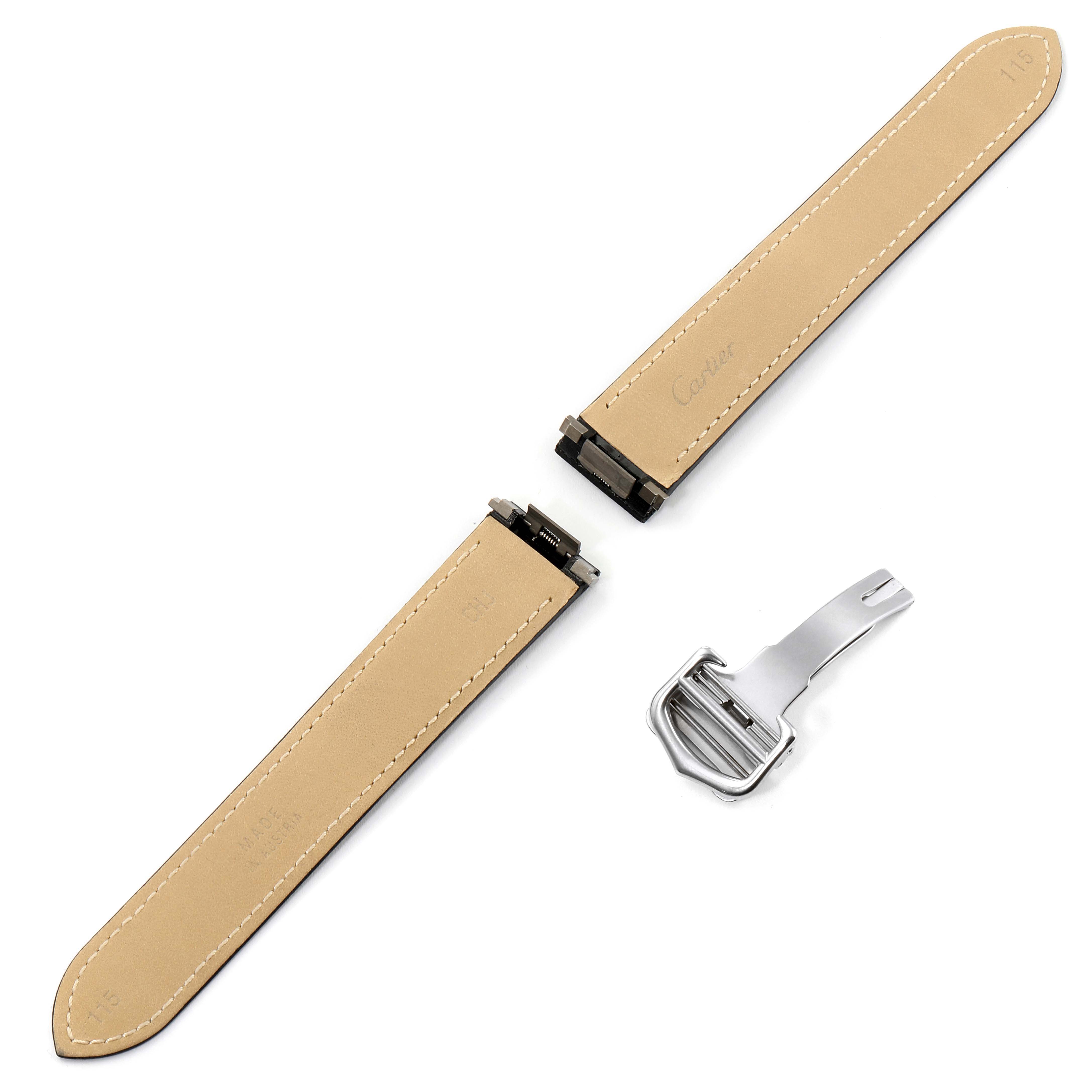 The image shows the leather straps and metal clasp of a Cartier Roadster W62002V3 Men
s Stainless Steel Black Dial W62002V3 Men
s Stainless Steel Black Dial watch, laid out flat and viewed from above.