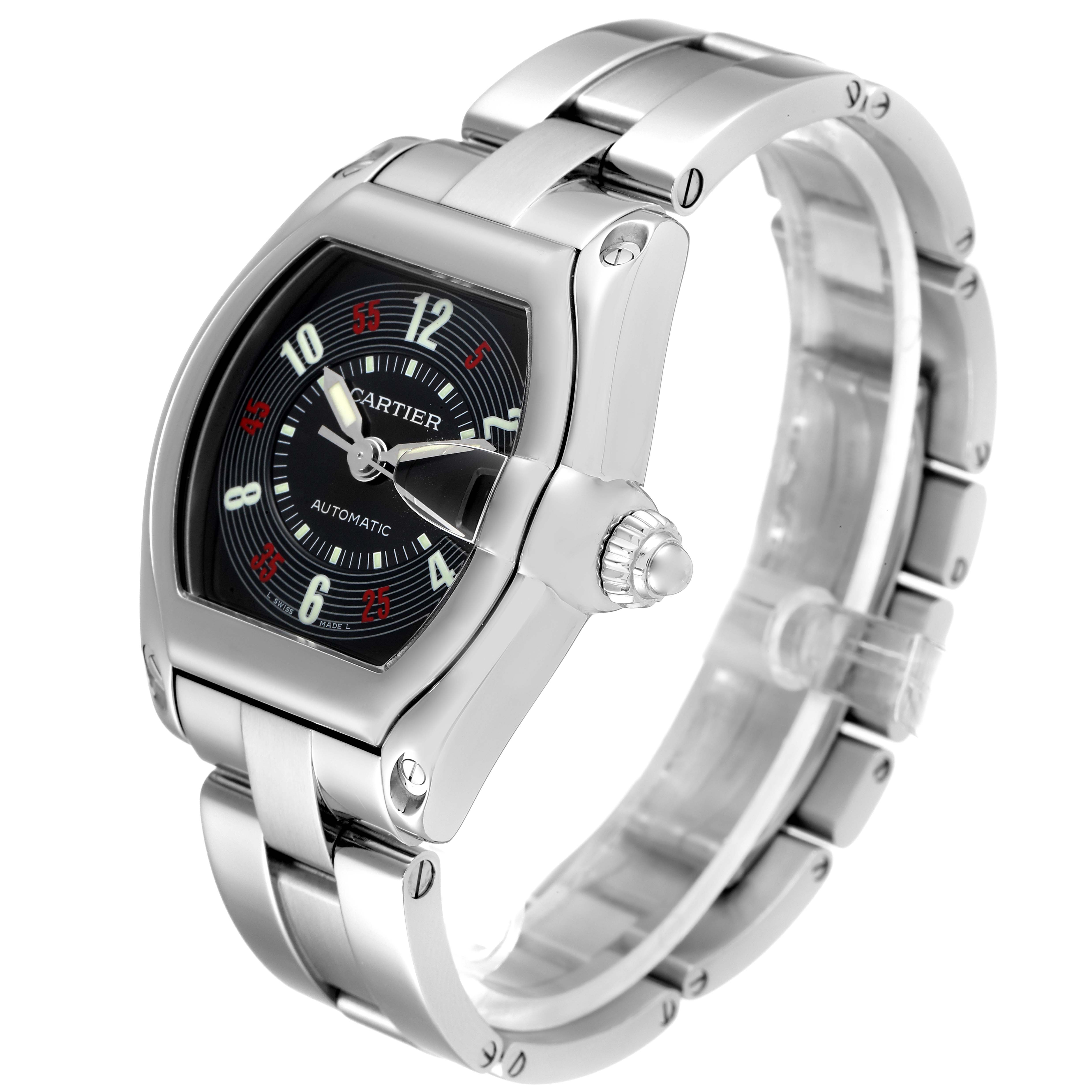 The Cartier Roadster W62002V3 Men
s Stainless Steel Black Dial W62002V3 Men
s Stainless Steel Black Dial watch is shown at a three-quarter angle, showcasing its face, crown, and metal bracelet.