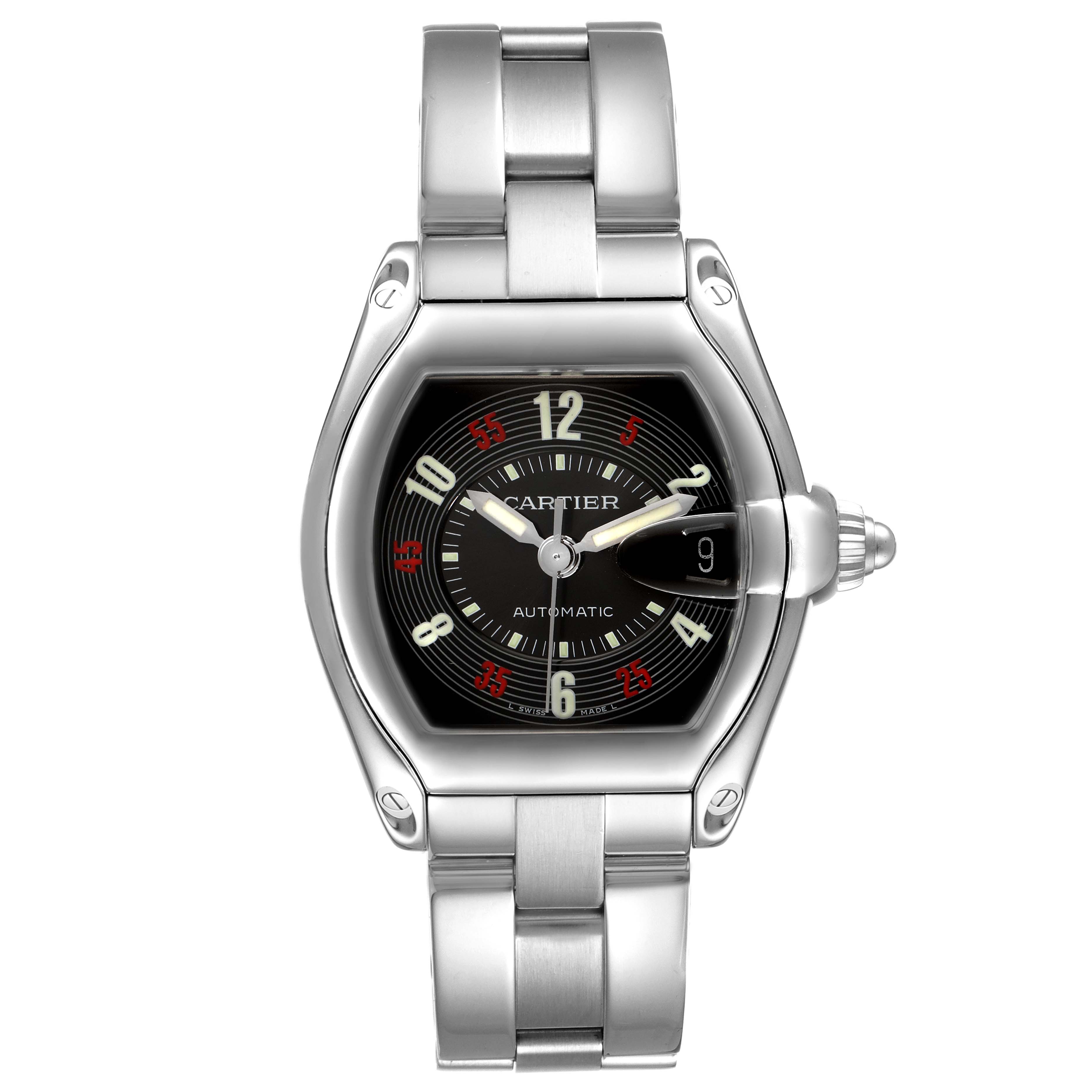 The Cartier Roadster W62002V3 Men
s Stainless Steel Black Dial W62002V3 Men
s Stainless Steel Black Dial watch is shown from a front angle, displaying its face, dial, and stainless steel bracelet.