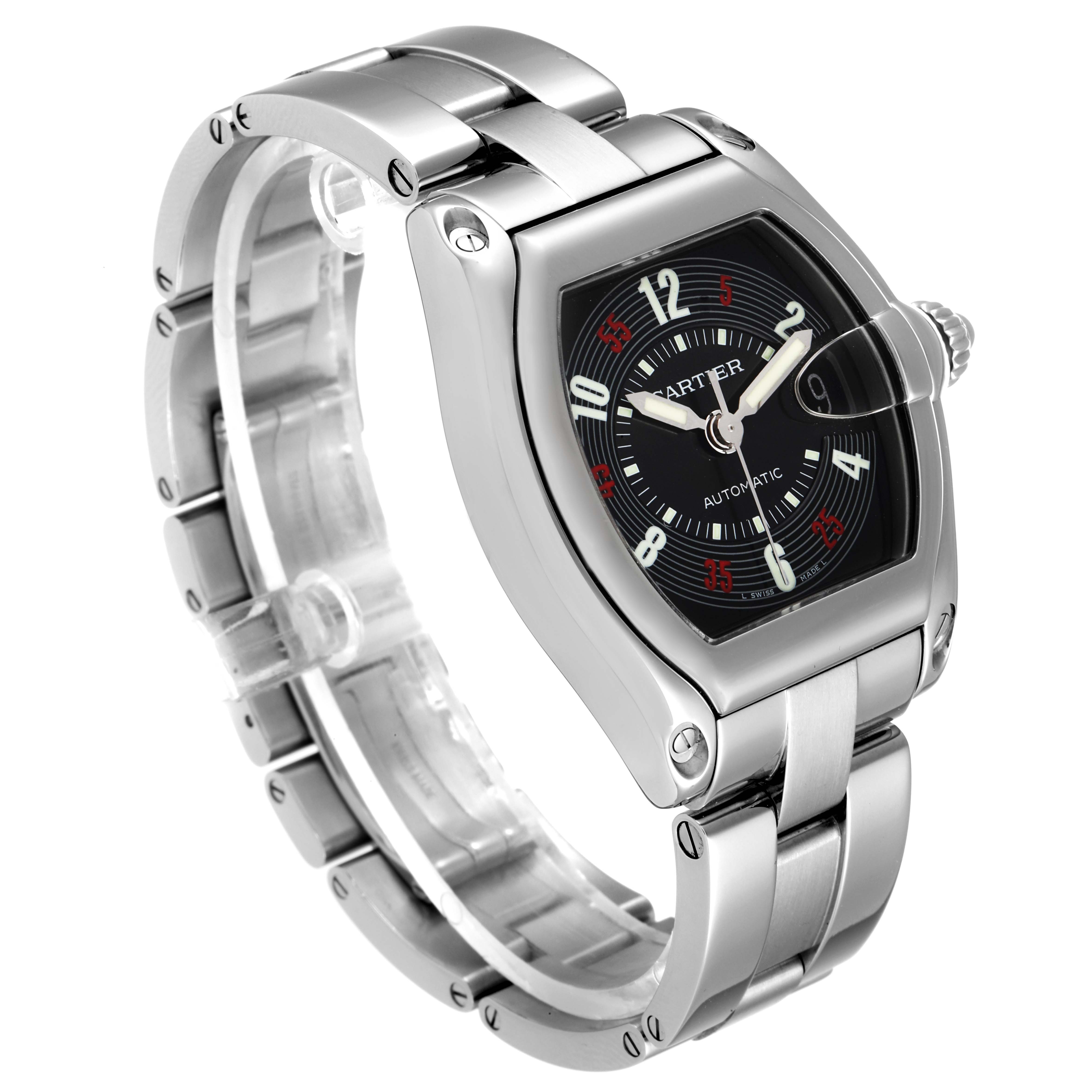 The Cartier Roadster W62002V3 Men
s Stainless Steel Black Dial W62002V3 Men
s Stainless Steel Black Dial watch is shown at a three-quarter angle, displaying the face, bezel, bracelet, and crown.