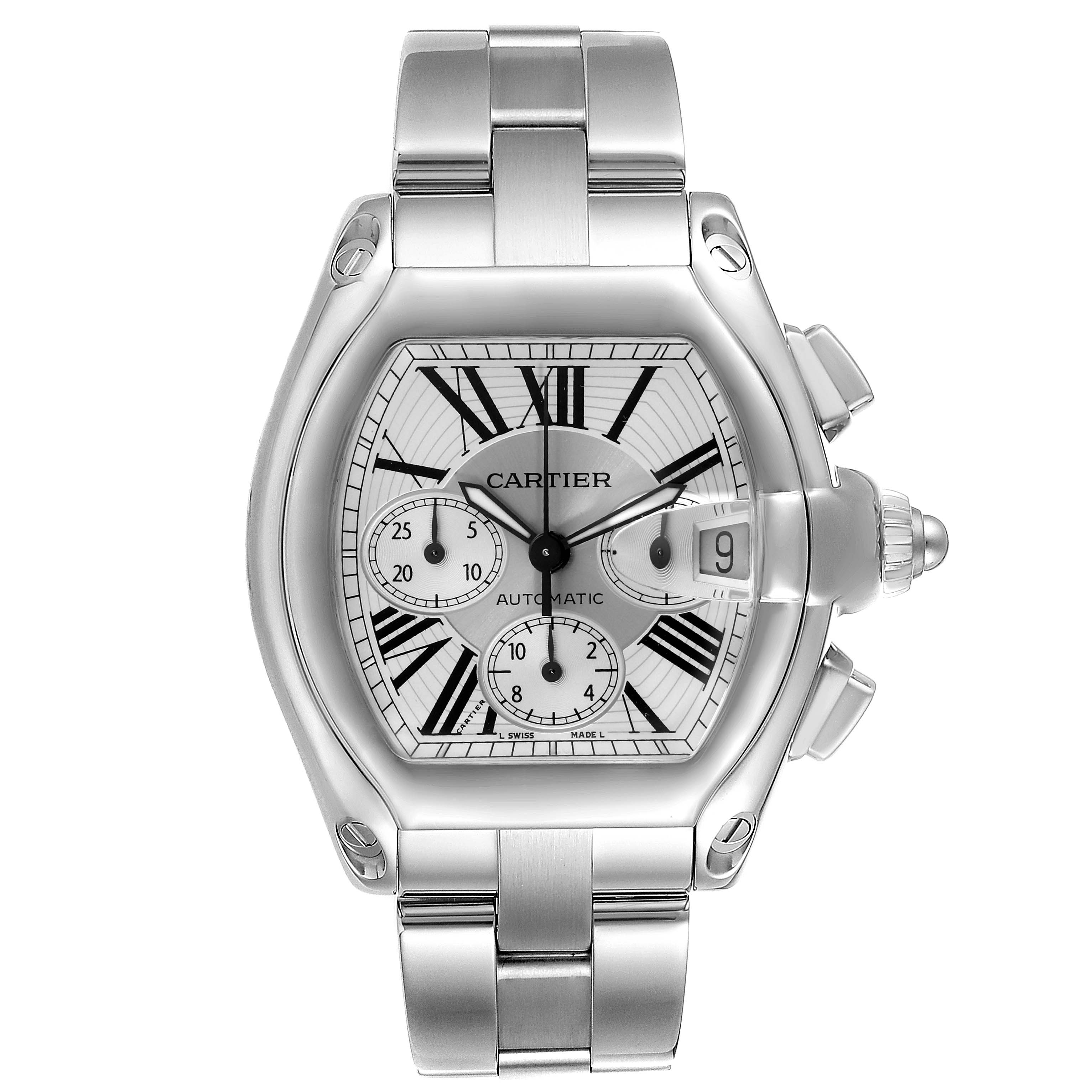 The image shows a front view of the Cartier Roadster W62019X6 Men
s Stainless Steel Silver Dial W62019X6 Men
s Stainless Steel Silver Dial watch, highlighting the face, dial, and bracelet.