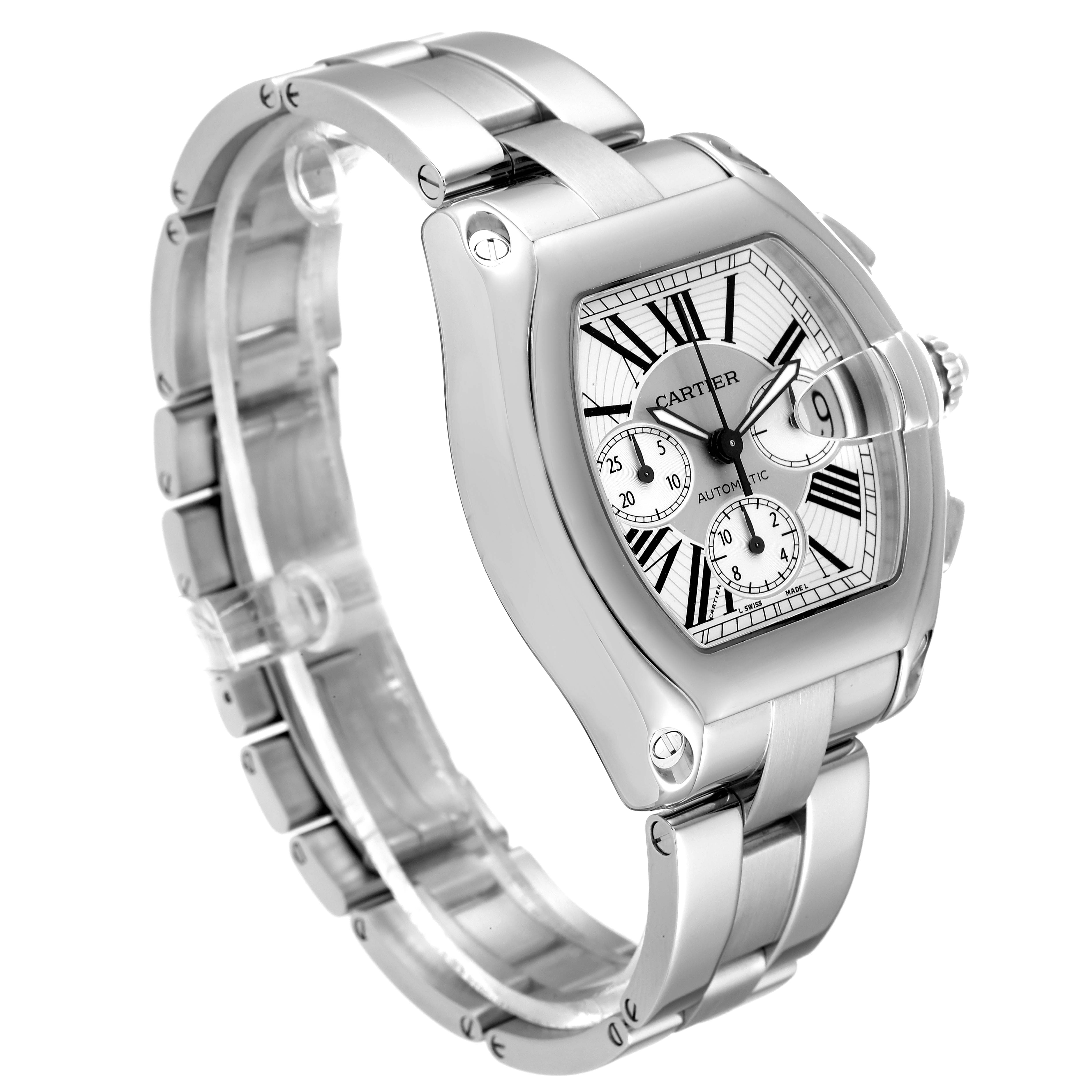 The image shows the Cartier Roadster W62019X6 Men
s Stainless Steel Silver Dial W62019X6 Men
s Stainless Steel Silver Dial watch at a three-quarter angle, displaying the face, bezel, and metal strap.