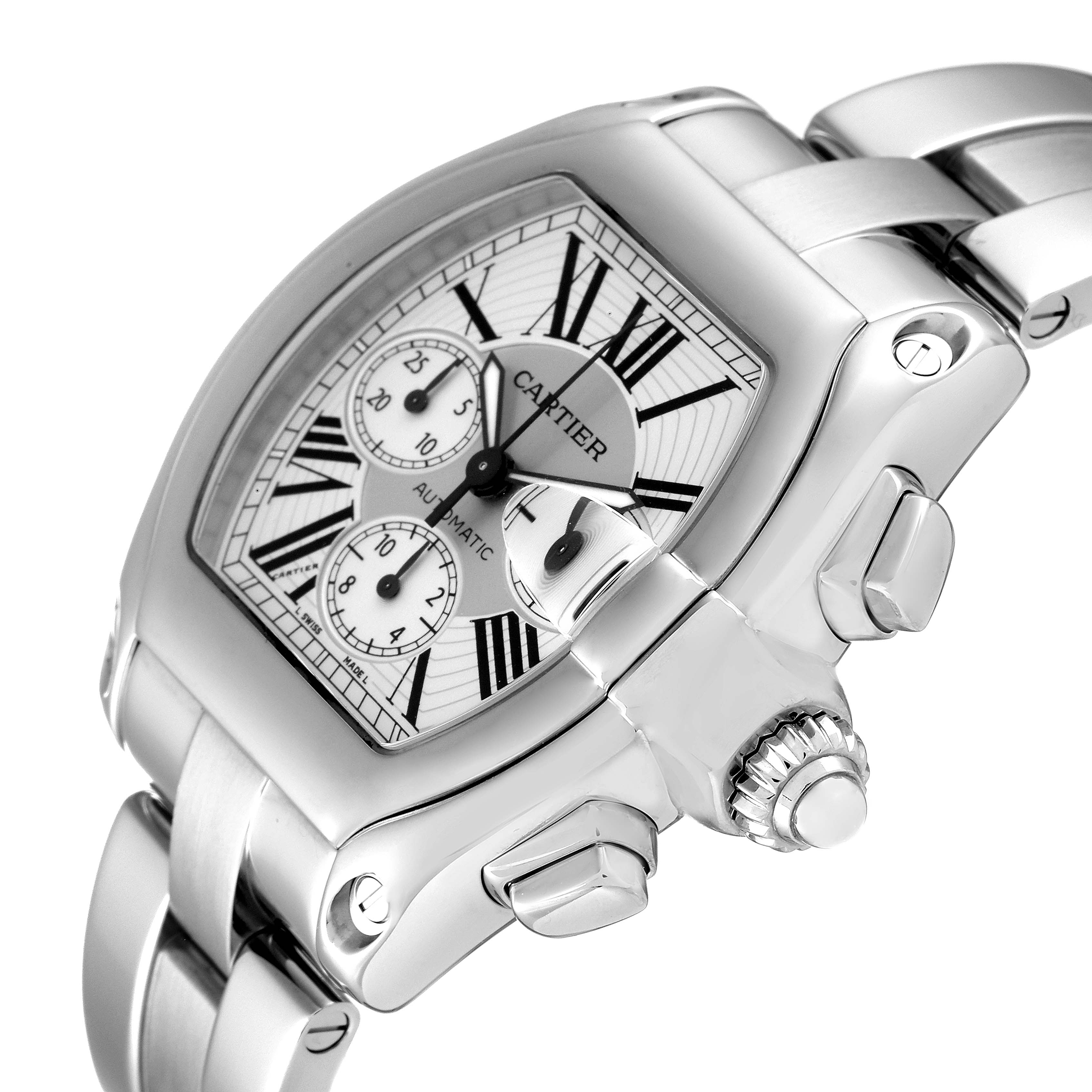 This is a close-up shot of the Cartier Roadster W62019X6 Men
s Stainless Steel Silver Dial W62019X6 Men
s Stainless Steel Silver Dial watch showing the dial, crown, and part of the bracelet.