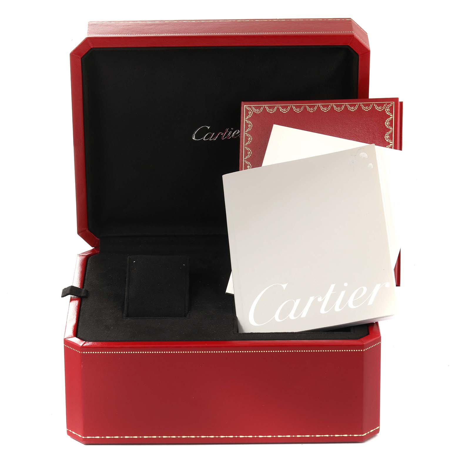 The image shows a red Cartier box for the Roadster model, including booklets and manuals inside the box.