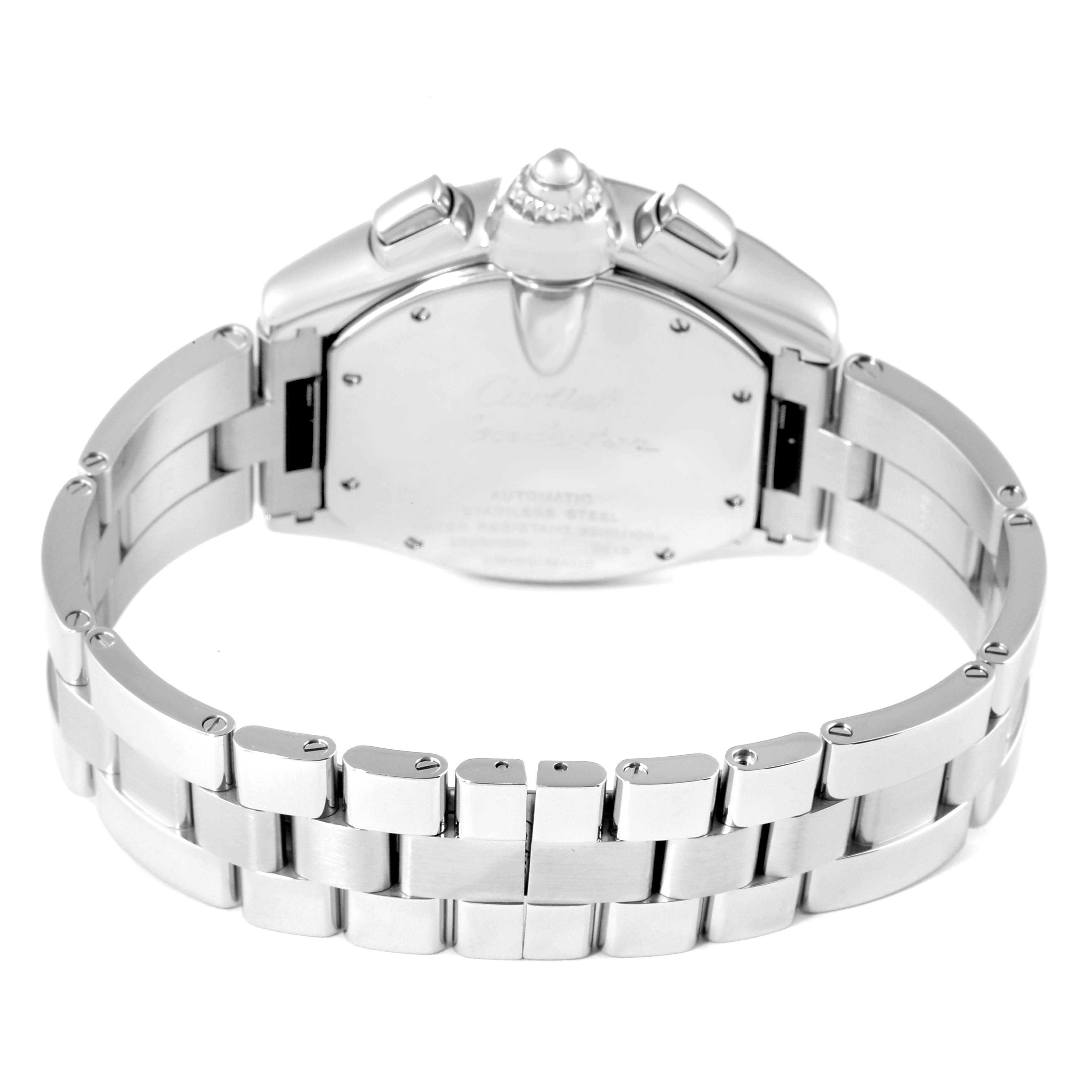 This image shows the back and bracelet of the Cartier Roadster W62019X6 Men
s Stainless Steel Silver Dial W62019X6 Men
s Stainless Steel Silver Dial watch, highlighting its case and clasp.