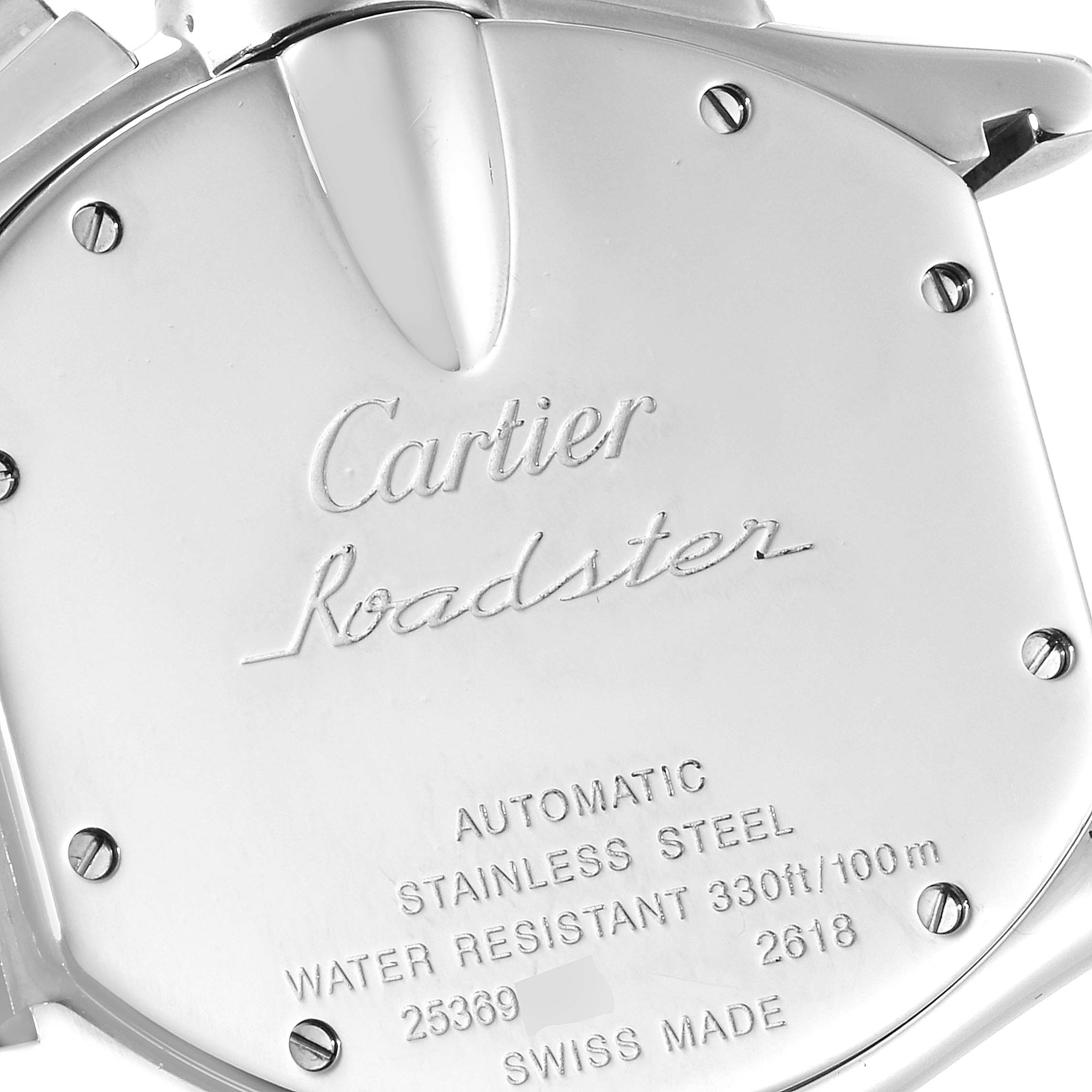 This image shows the back case of a Cartier Roadster W62019X6 Men
s Stainless Steel Silver Dial W62019X6 Men
s Stainless Steel Silver Dial watch with engraved details.