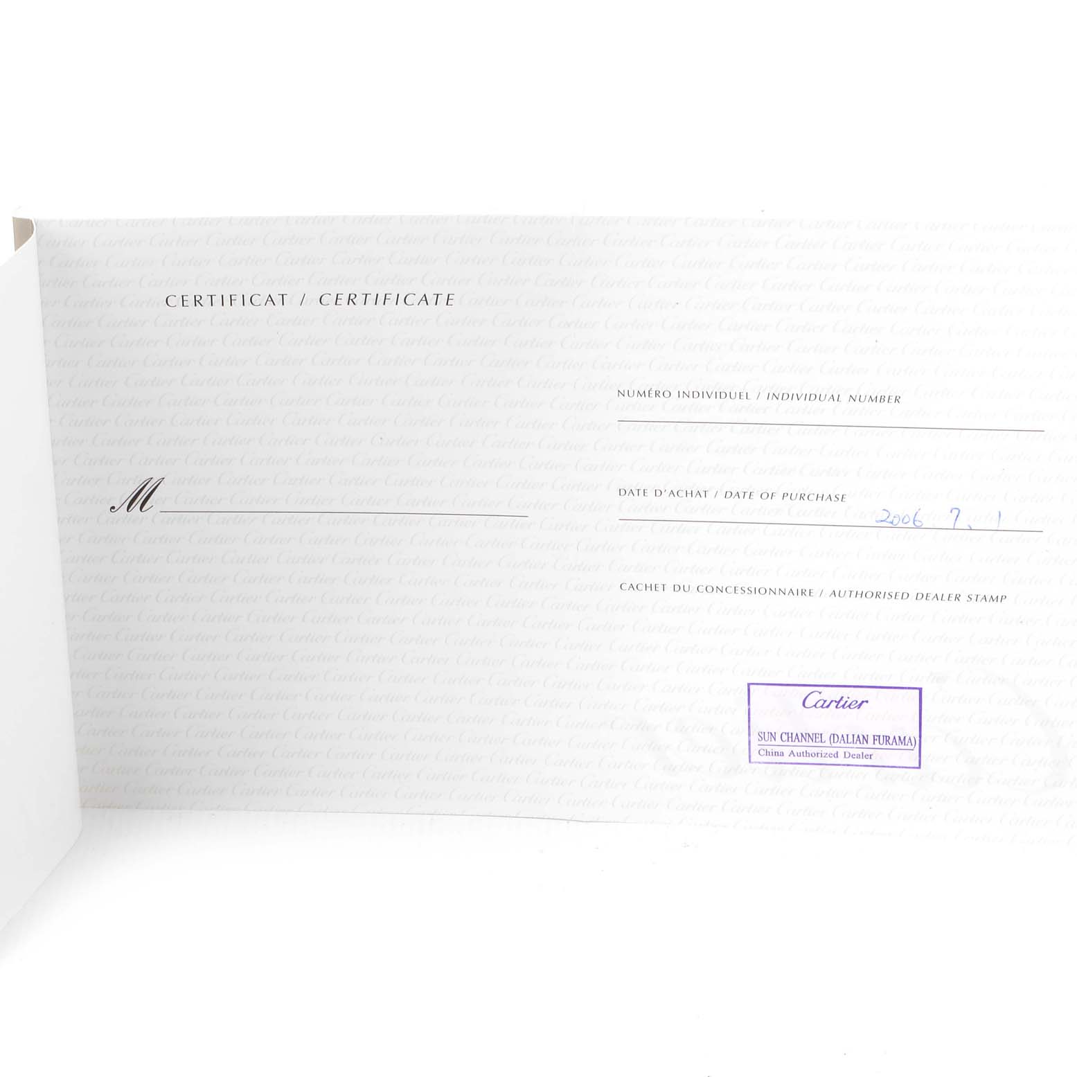 The image shows an open certificate of Best Quality
ity for the Cartier Roadster W62019X6 Men
s Stainless Steel Silver Dial W62019X6 Men
s Stainless Steel Silver Dial model watch.