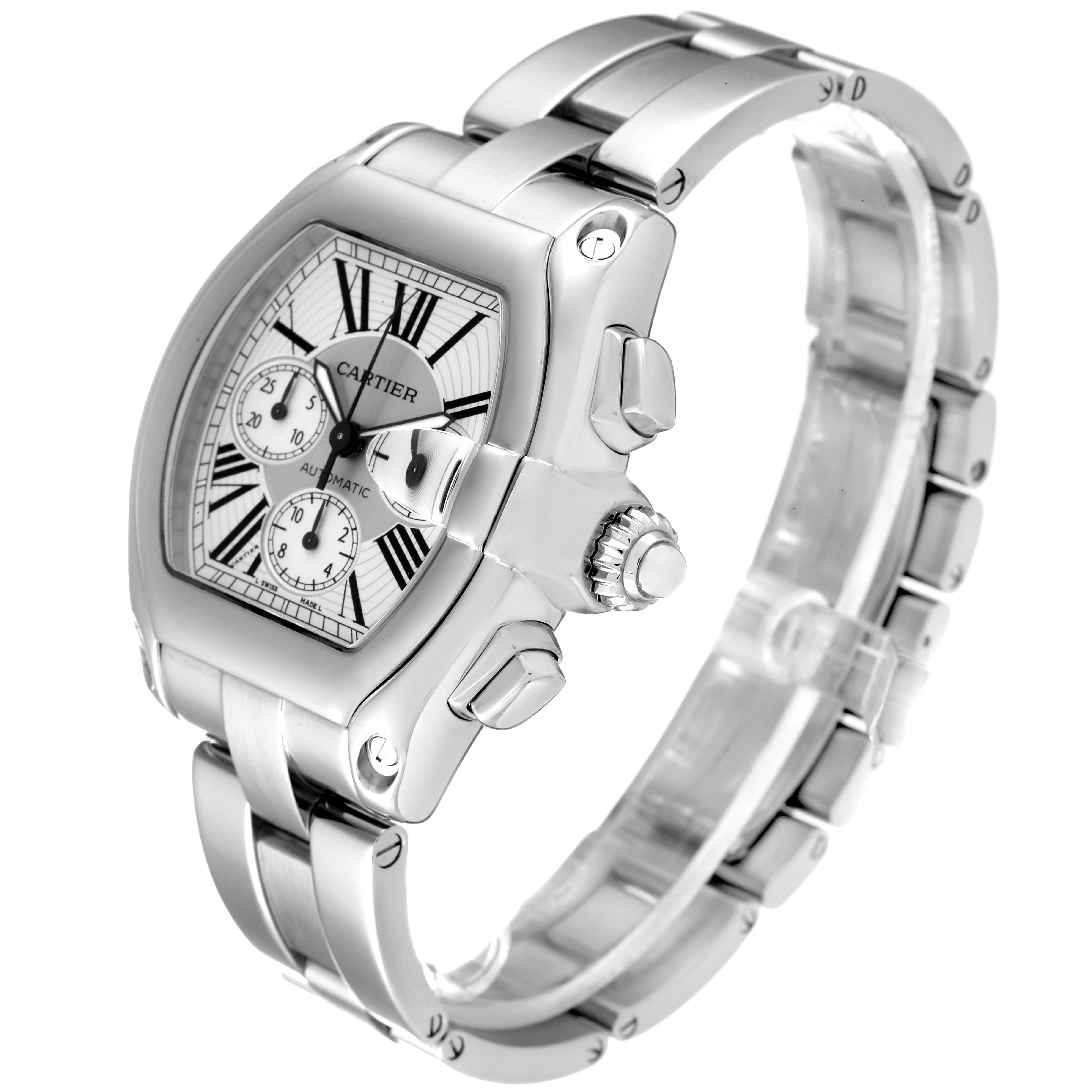 The image shows a Cartier Roadster W62019X6 Men
s Stainless Steel Silver Dial W62019X6 Men
s Stainless Steel Silver Dial watch at a three-quarter angle, highlighting its face, crown, and stainless steel bracelet.