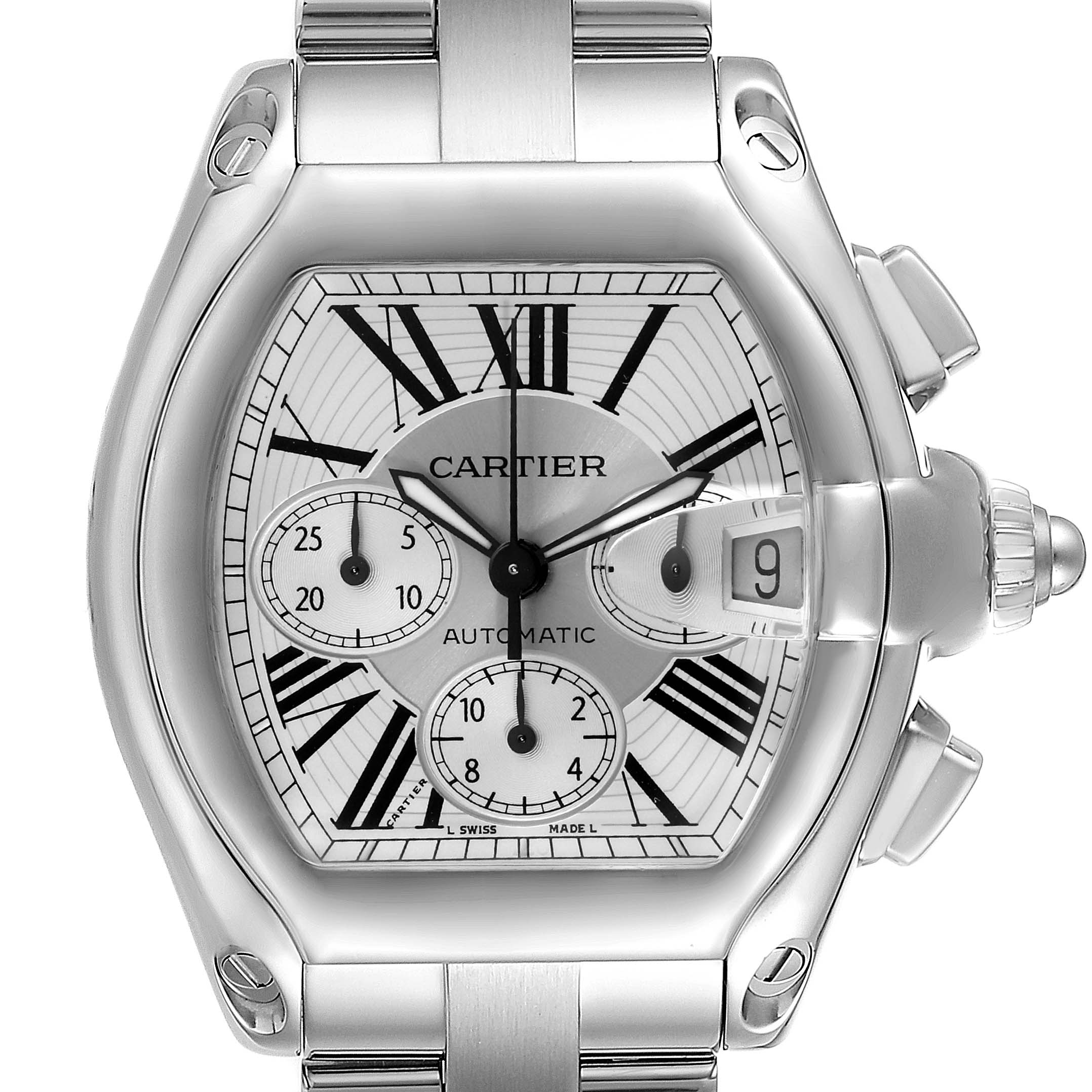The Cartier Roadster W62019X6 Men
s Stainless Steel Silver Dial W62019X6 Men
s Stainless Steel Silver Dial model watch is shown from a front angle, highlighting its dial, date display, sub-dials, and crown.