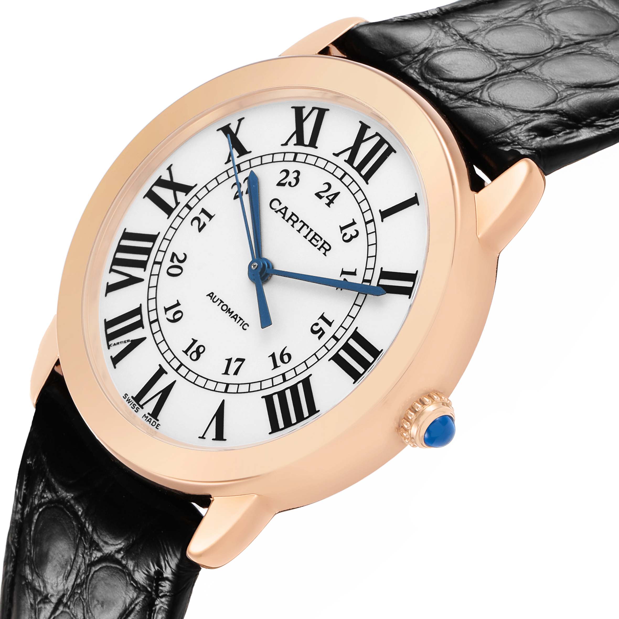 The Cartier Ronde W2RN0008 Men's Rose Gold Silver Dial watch is shown from a front angle, displaying the dial, case, crown, and part of the strap.