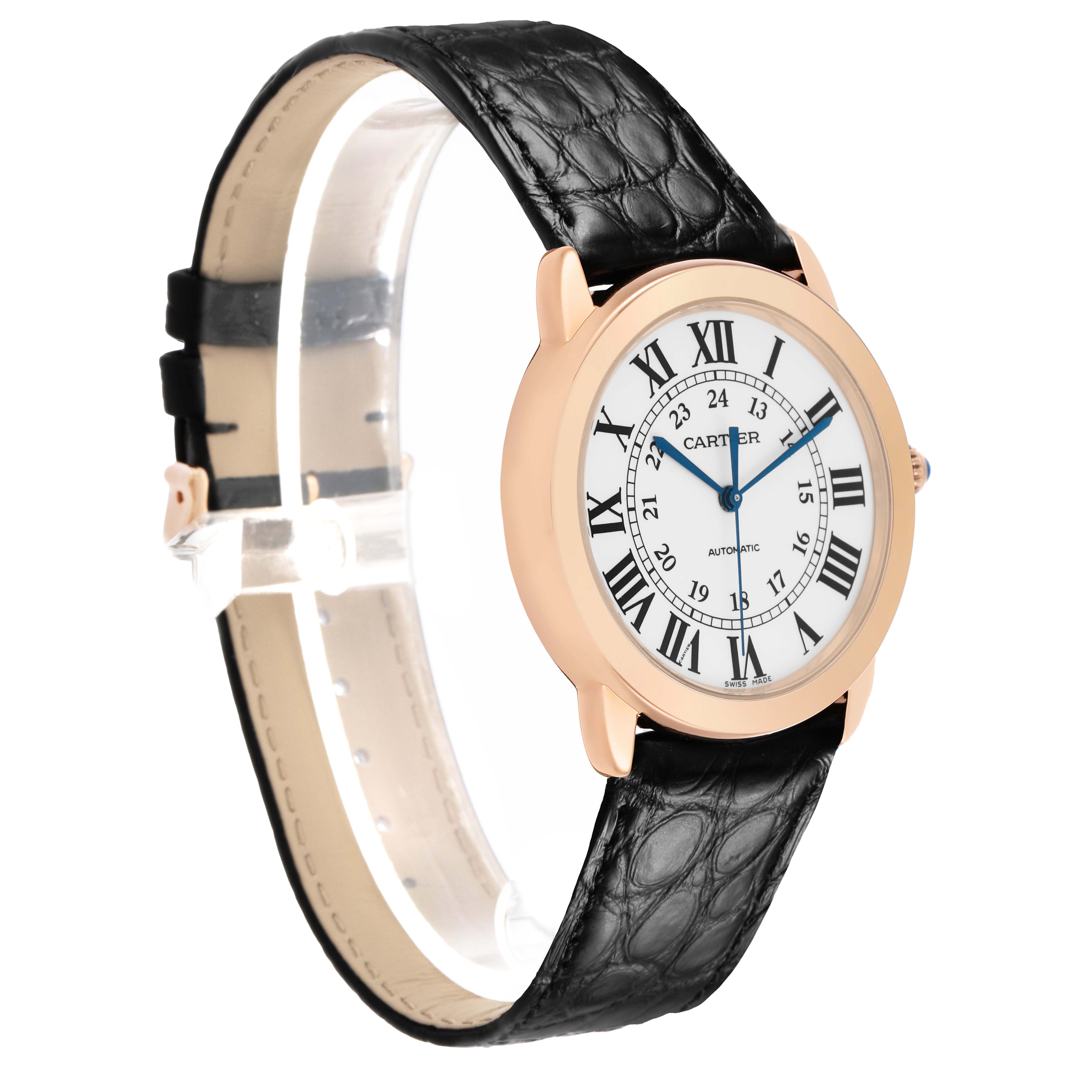 The Cartier Ronde W2RN0008 Men's Rose Gold Silver Dial watch is shown at an angled side view, featuring its round face and black leather strap.