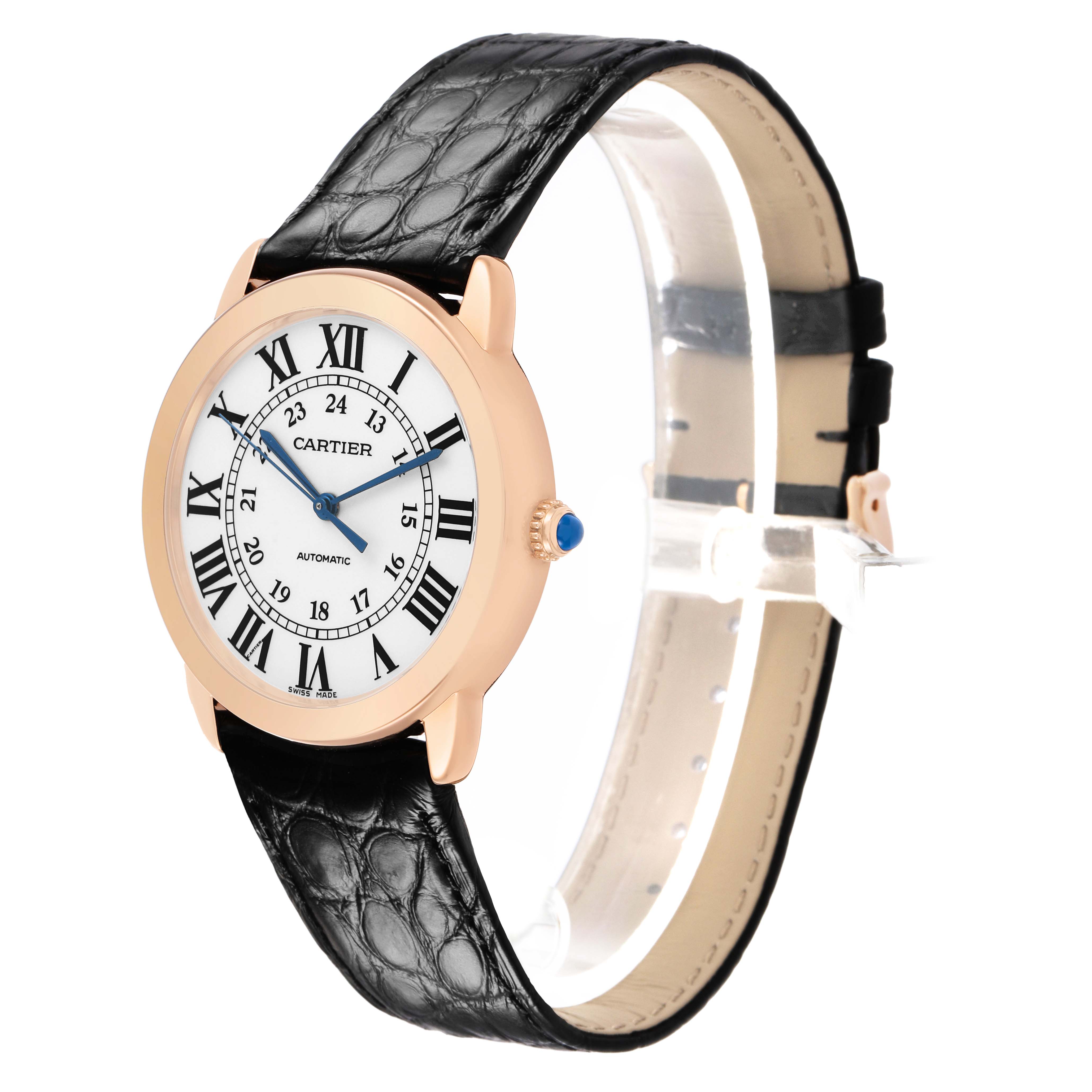 The Cartier Ronde W2RN0008 Men's Rose Gold Silver Dial watch is shown at a slight angle, highlighting the face, Roman numerals, and black leather strap.