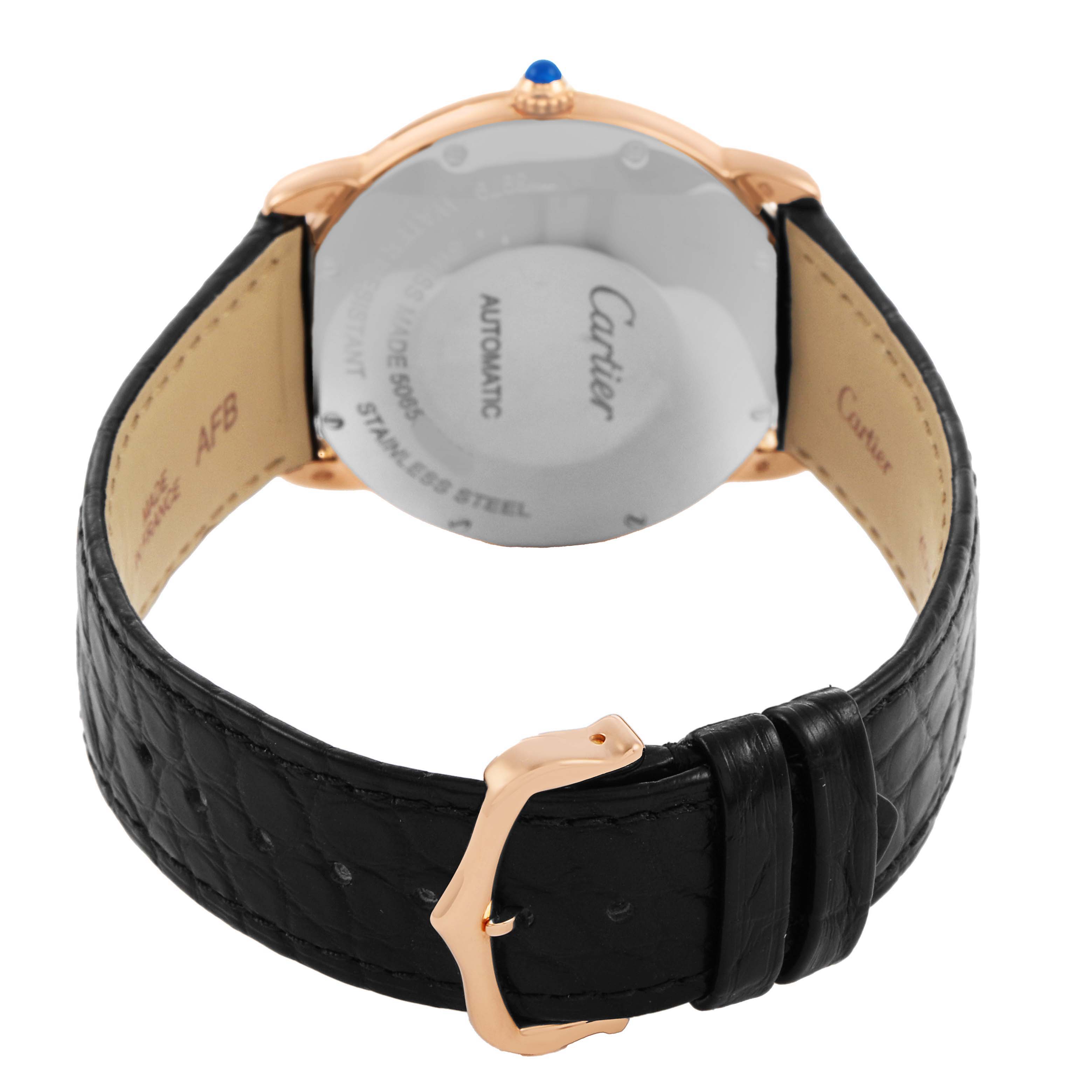 The image shows the back view of the Cartier Ronde W2RN0008 Men's Rose Gold Silver Dial model, highlighting the case back, leather strap, and buckle.