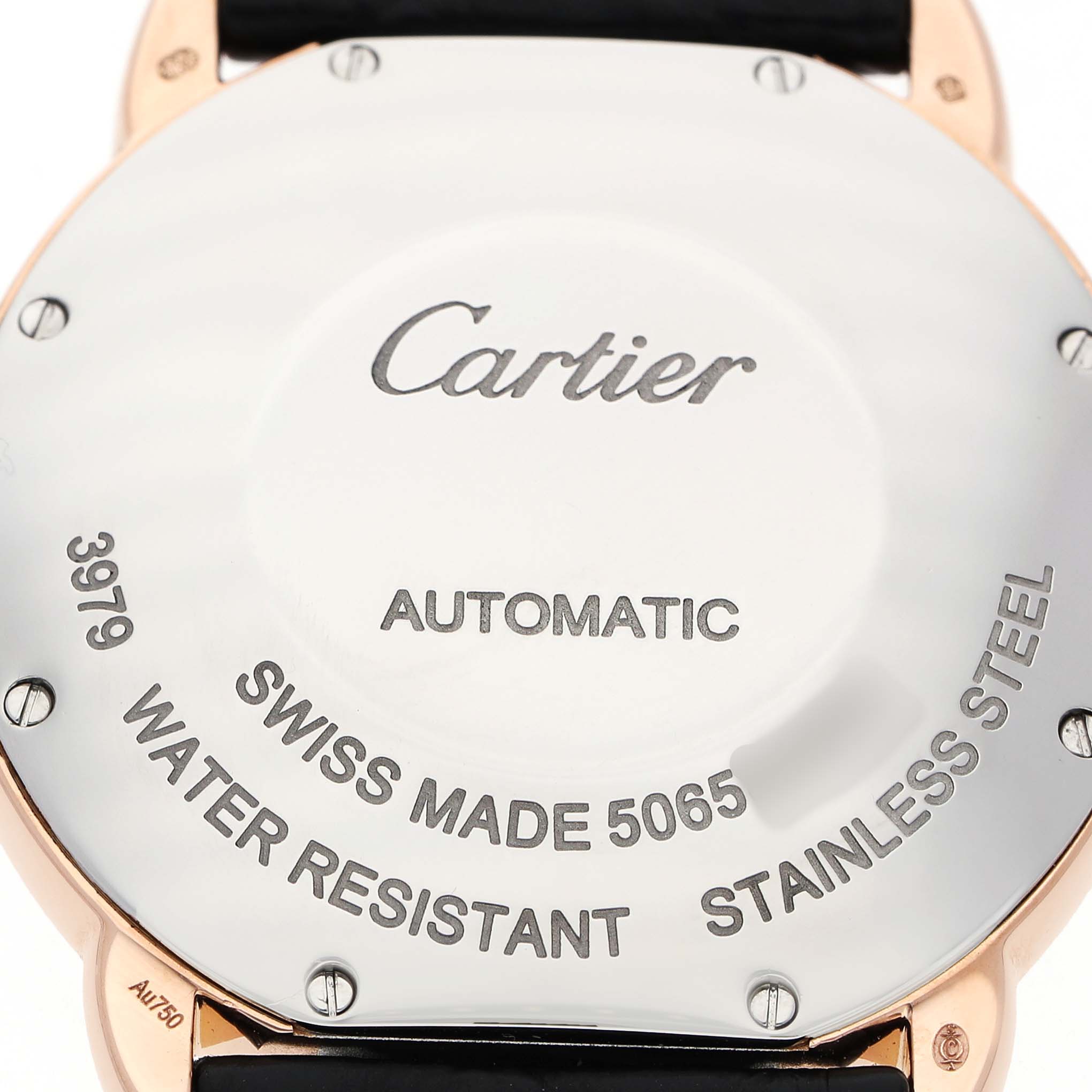 The image shows the back case of the Cartier Ronde W2RN0008 Men's Rose Gold Silver Dial watch, displaying details like "Automatic," "Water Resistant," and "Swiss Made."