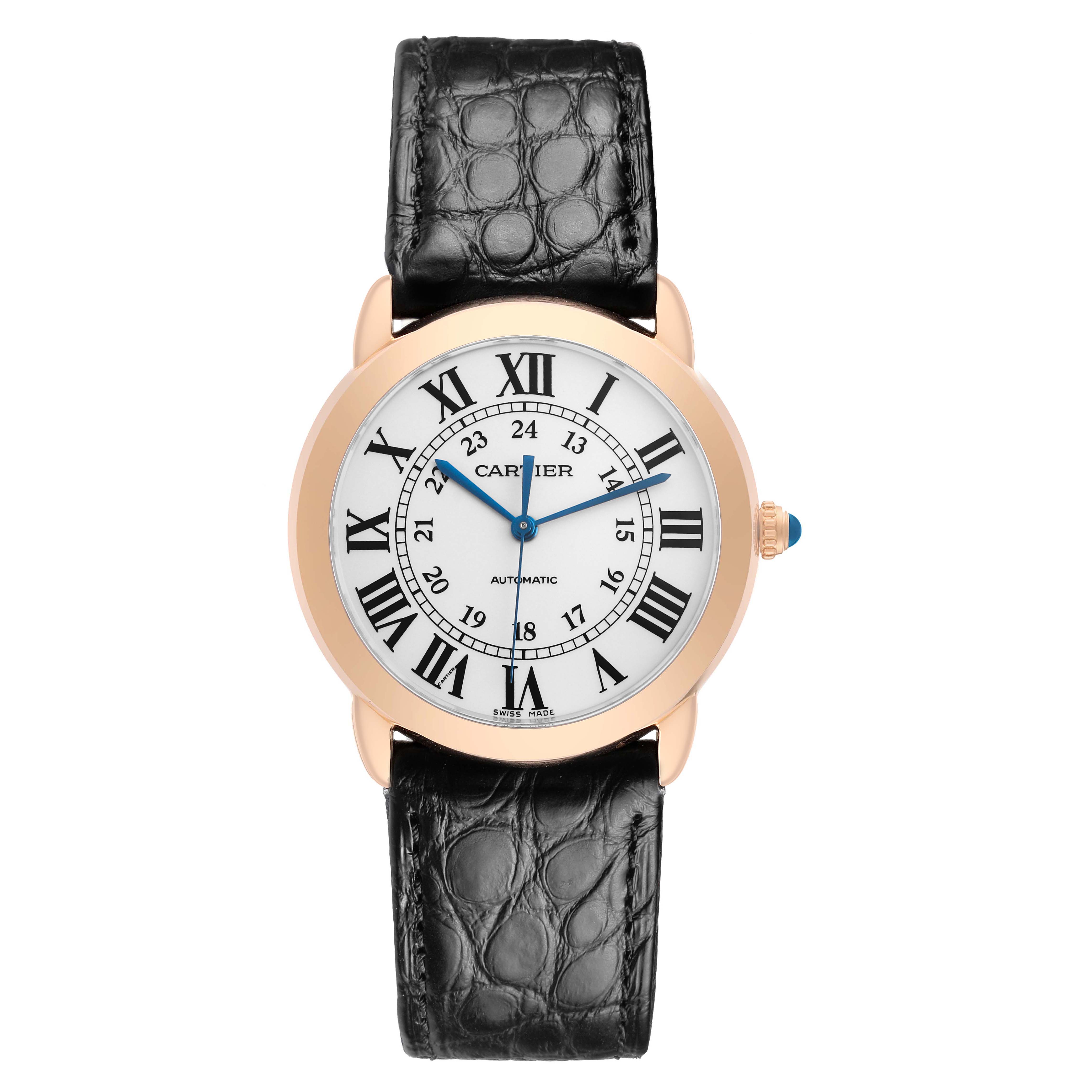 The Cartier Ronde W2RN0008 Men's Rose Gold Silver Dial watch is shown from a top-down angle, displaying its face, Roman numerals, hands, case, and leather strap.