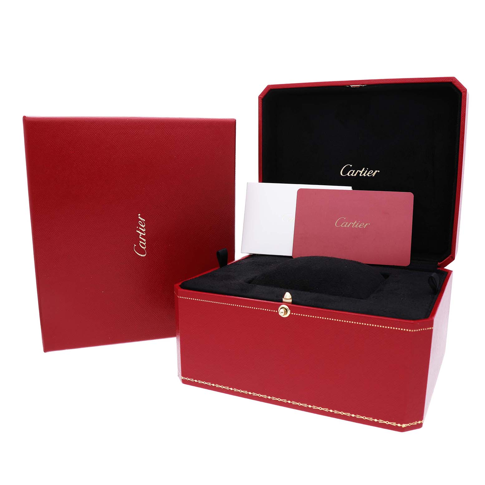 The image shows a red Cartier Ronde W2RN0008 Men's Rose Gold Silver Dial watch box and accessories, including a cushion and booklet, viewed from the front.