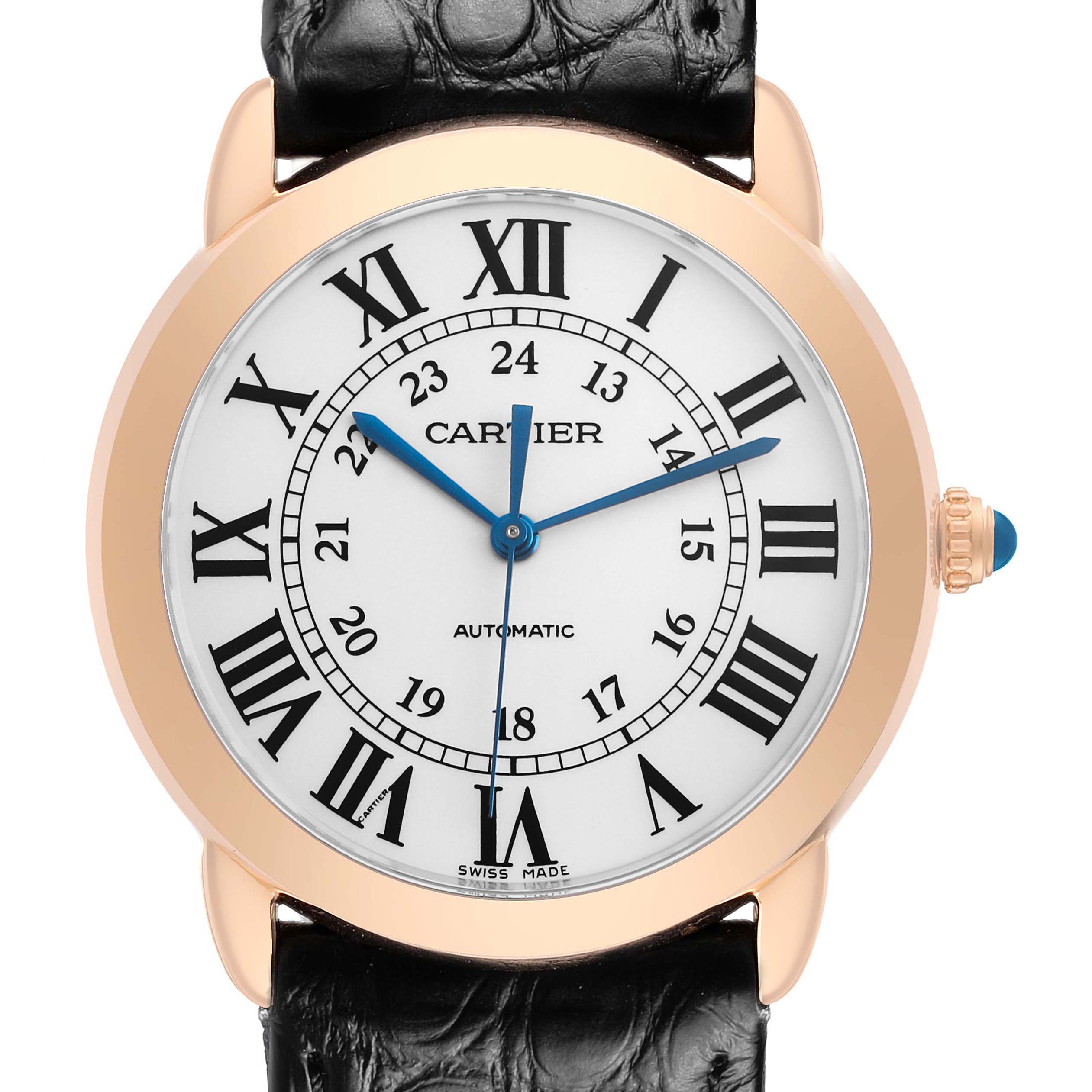 The Cartier Ronde W2RN0008 Men's Rose Gold Silver Dial watch is shown from the front, highlighting its face, Roman numerals, blue hands, gold case, and black leather strap.