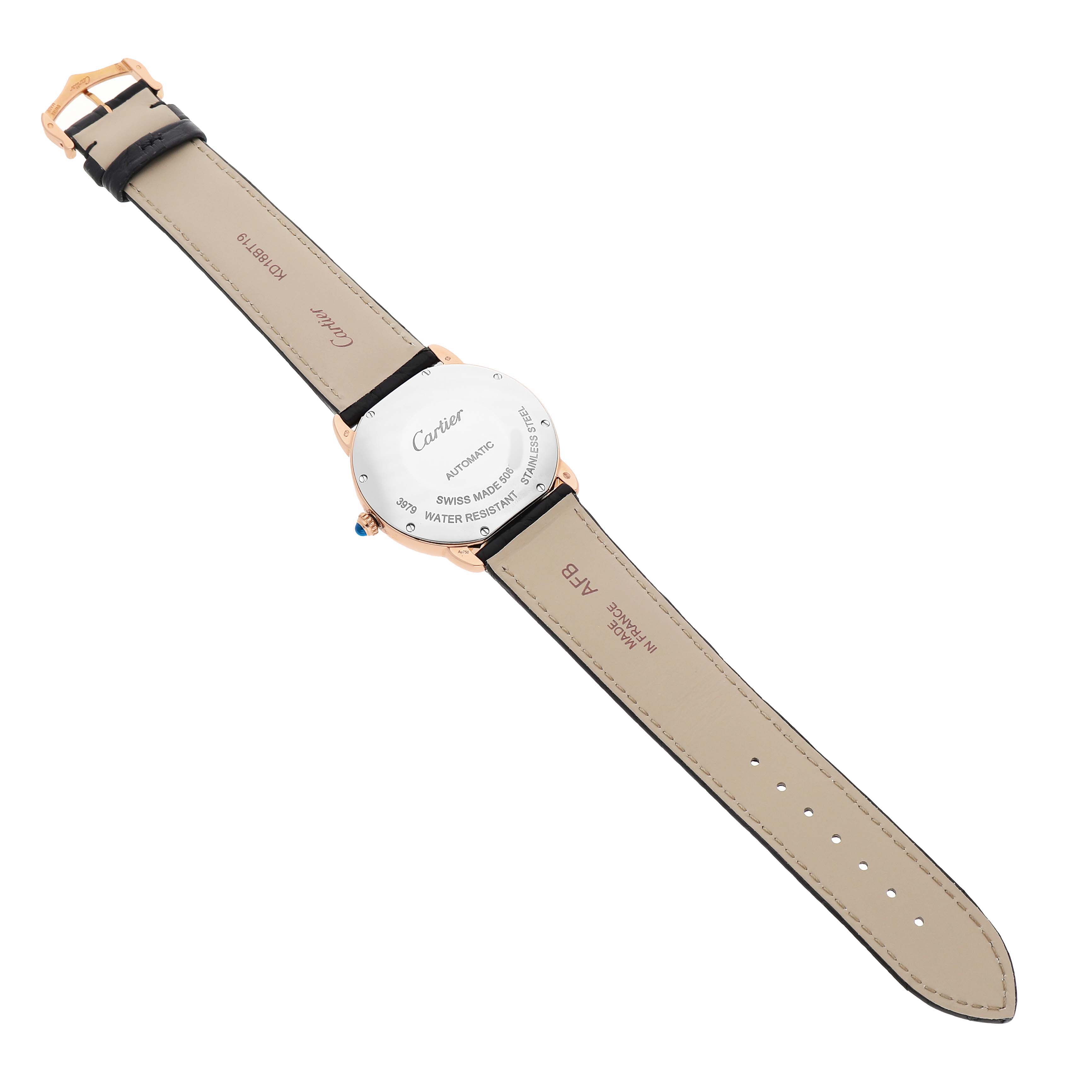 The Cartier Ronde W2RN0008 Men's Rose Gold Silver Dial watch is shown from the back, displaying the case back and leather strap with stitching details.
