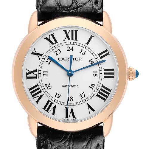 The Cartier Ronde W2RN0008 Men's Rose Gold Silver Dial watch is shown from a front angle, featuring its dial with Roman numerals, blue hands, and a leather strap.