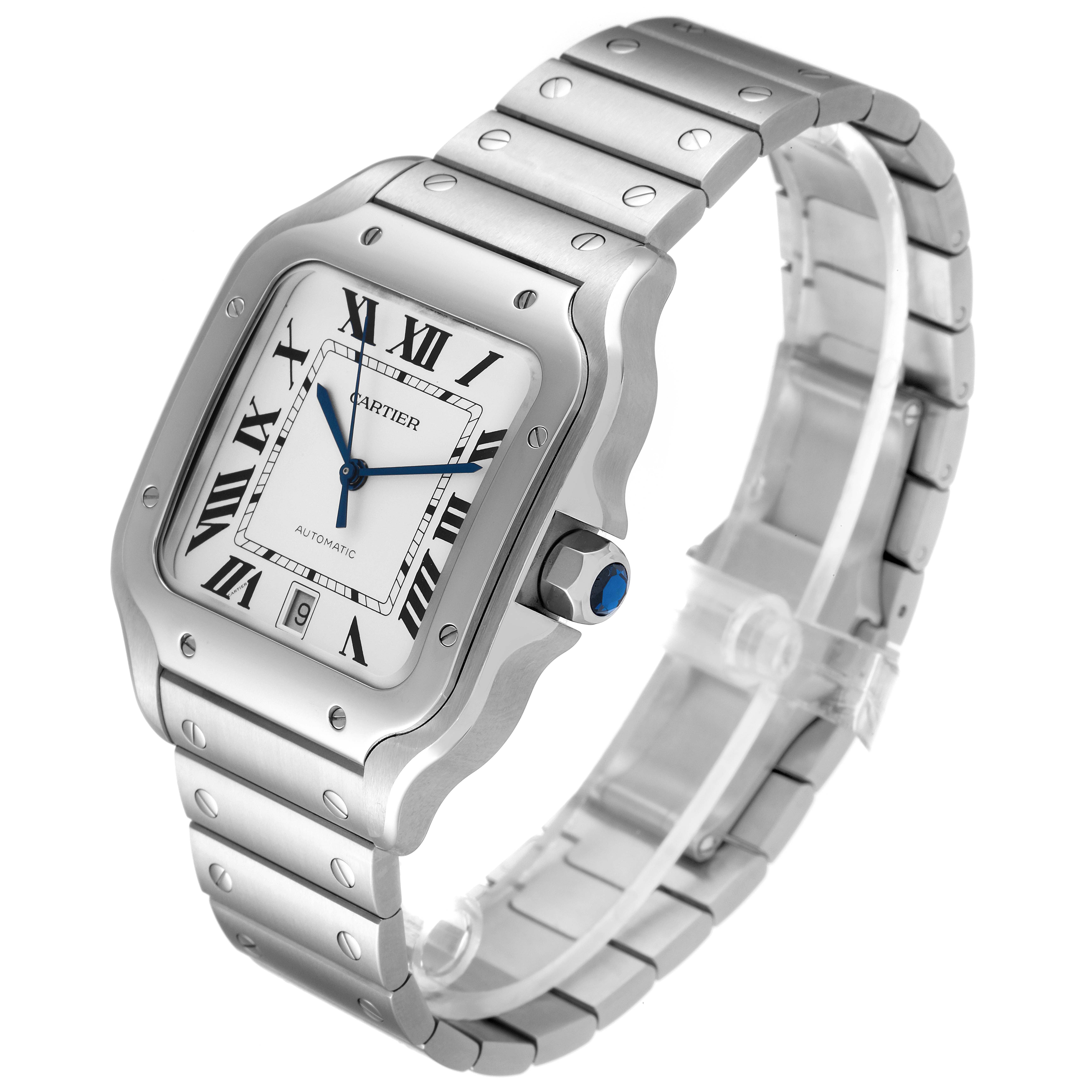 The Cartier Santos WSSA0018 Men's Stainless Steel Silver Dial WSSA0018 Men's Stainless Steel Silver Dial watch is shown at a three-quarter angle, displaying its face, bezel, crown, and part of the bracelet.