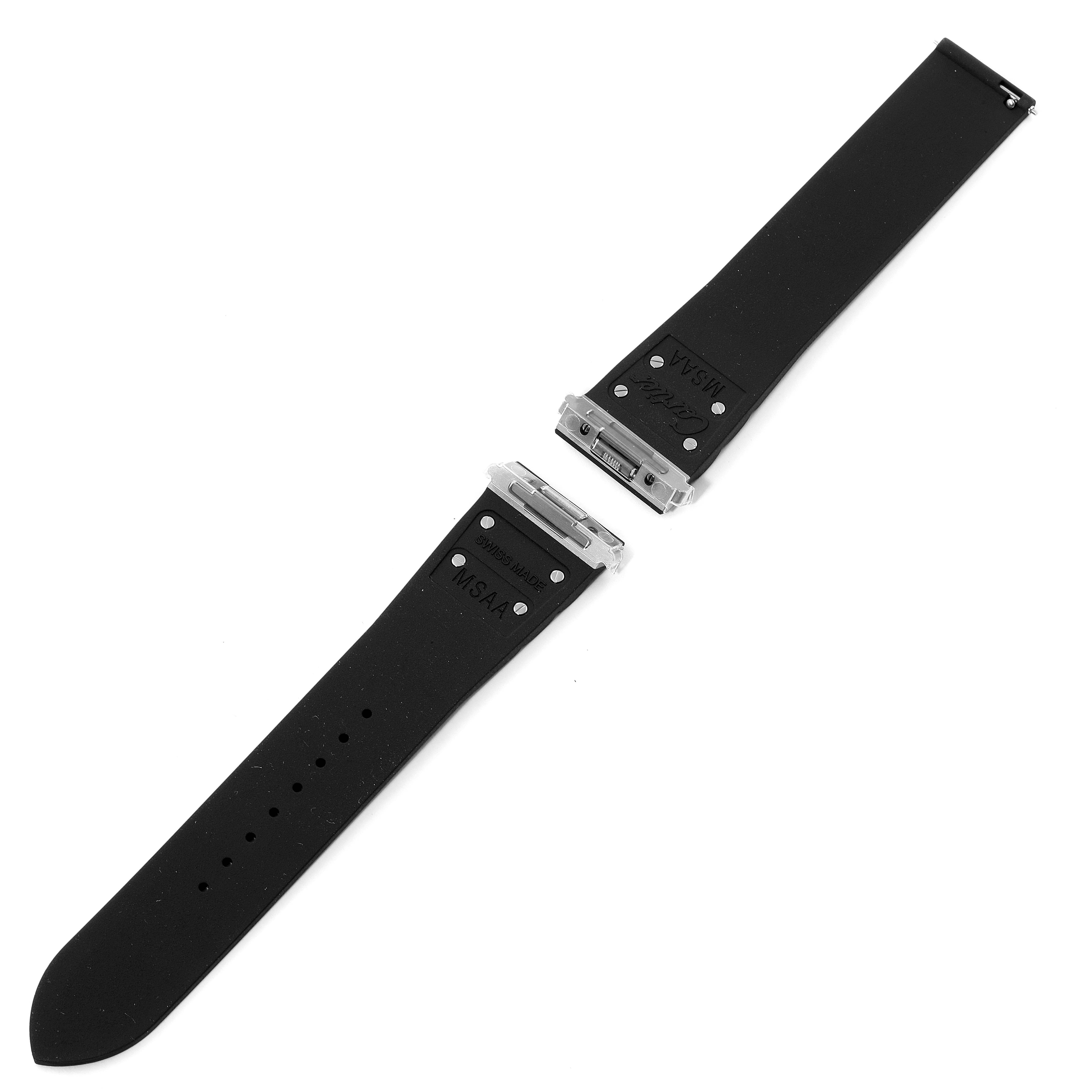 The image shows a black rubber watch strap for a Cartier Santos WSSA0018 Men's Stainless Steel Silver Dial WSSA0018 Men's Stainless Steel Silver Dial model, viewed from a top-down angle.