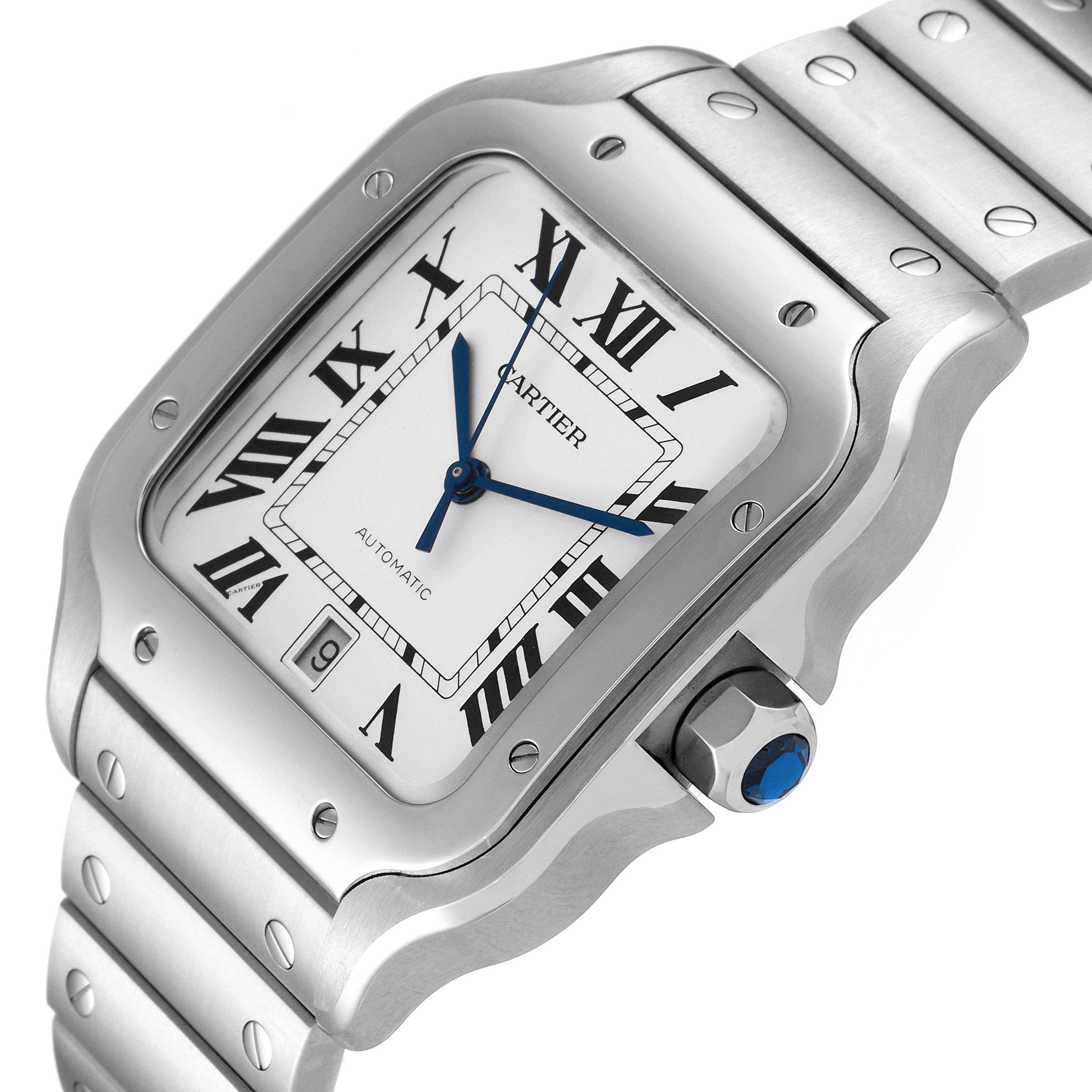 This image shows a close-up angled view of the Cartier Santos WSSA0018 Men's Stainless Steel Silver Dial WSSA0018 Men's Stainless Steel Silver Dial watch, highlighting the face, bracelet, and crown.
