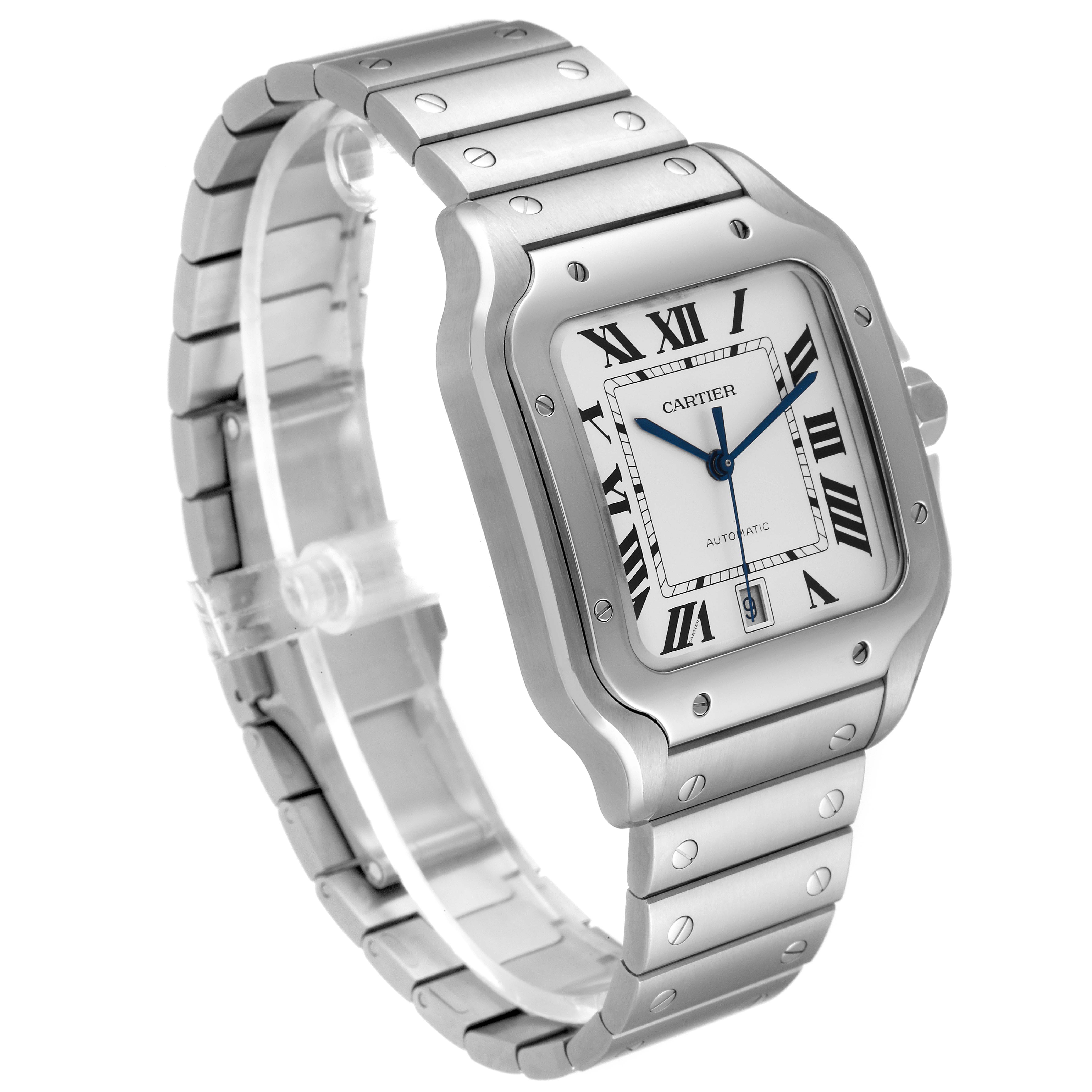 The image shows the Cartier Santos WSSA0018 Men's Stainless Steel Silver Dial WSSA0018 Men's Stainless Steel Silver Dial watch from a left front angle, highlighting its stainless steel bracelet, square dial, and signature screws.