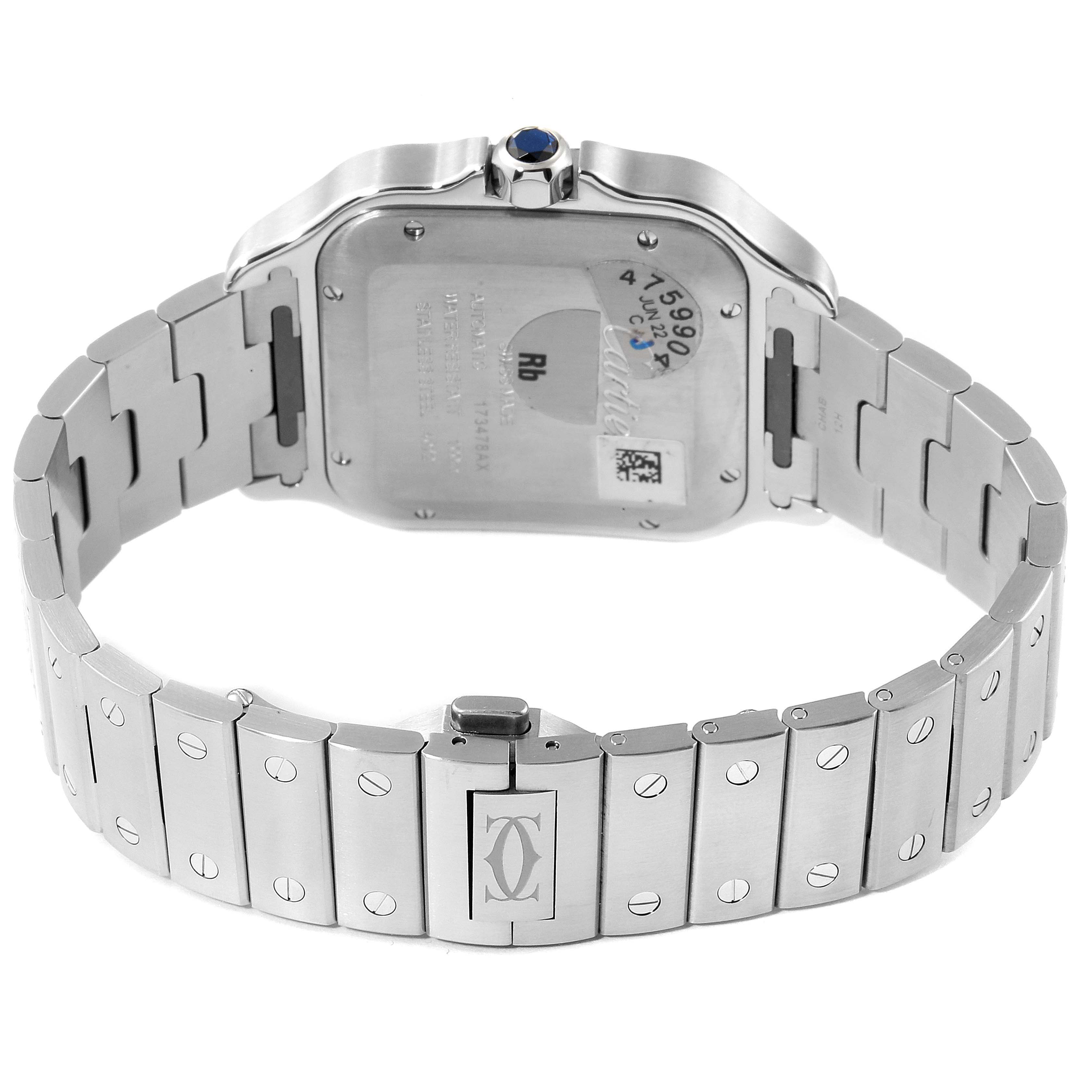The image shows the back and bracelet of a Cartier Santos WSSA0018 Men's Stainless Steel Silver Dial WSSA0018 Men's Stainless Steel Silver Dial watch, displaying its clasp and caseback from a rear angle.
