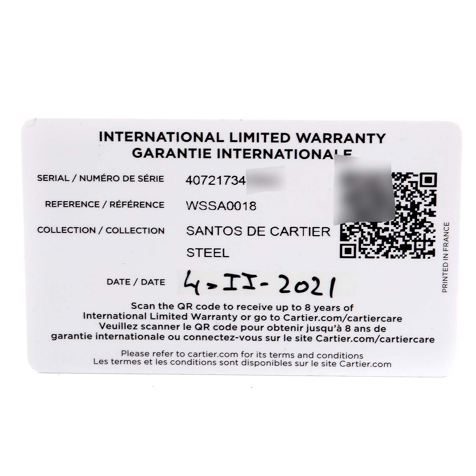 The image shows a warranty card for the Santos de Cartier watch, detailing serial number, reference, and purchase date.