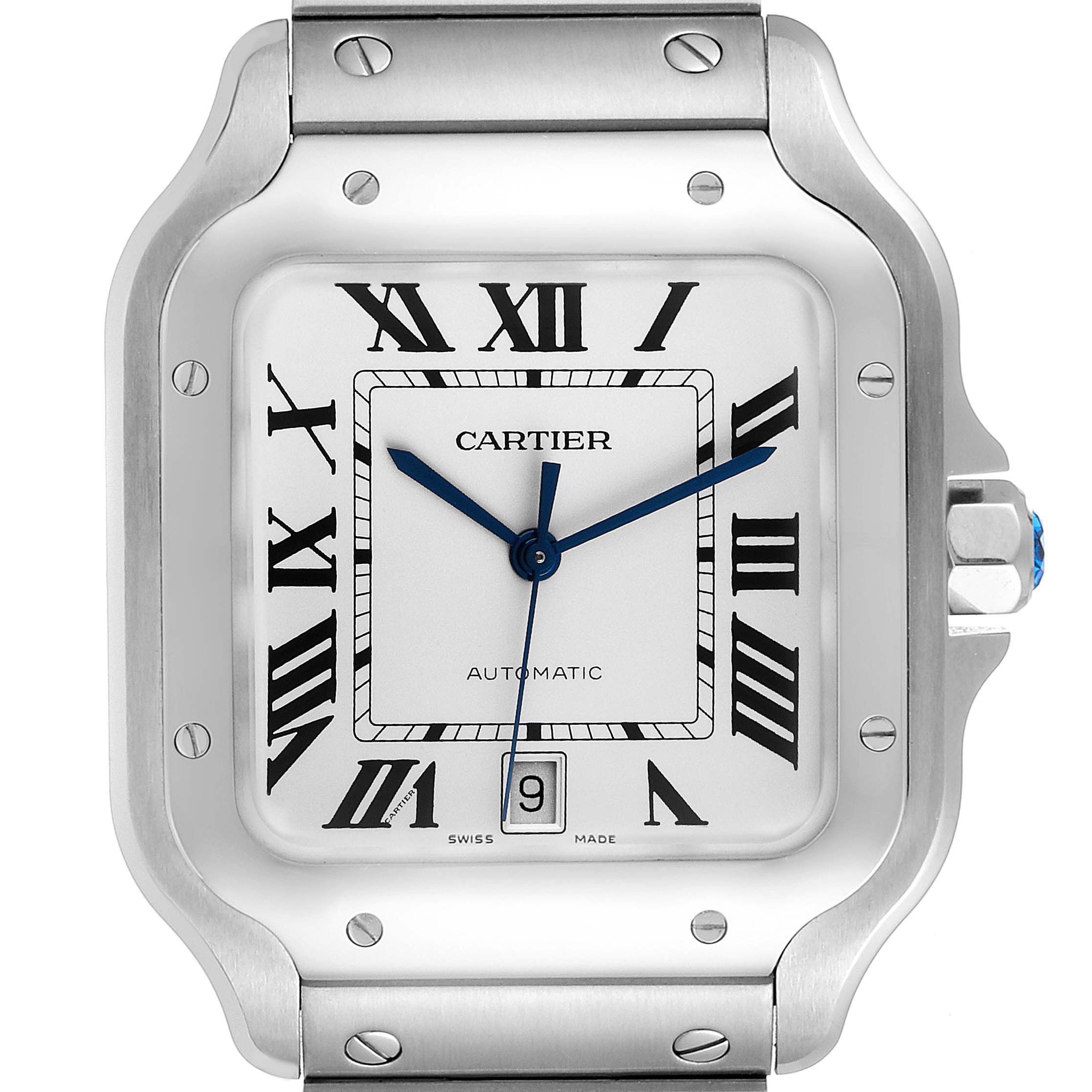 This image shows a front view of the dial and part of the bracelet of a Cartier Santos WSSA0018 Men's Stainless Steel Silver Dial WSSA0018 Men's Stainless Steel Silver Dial watch.