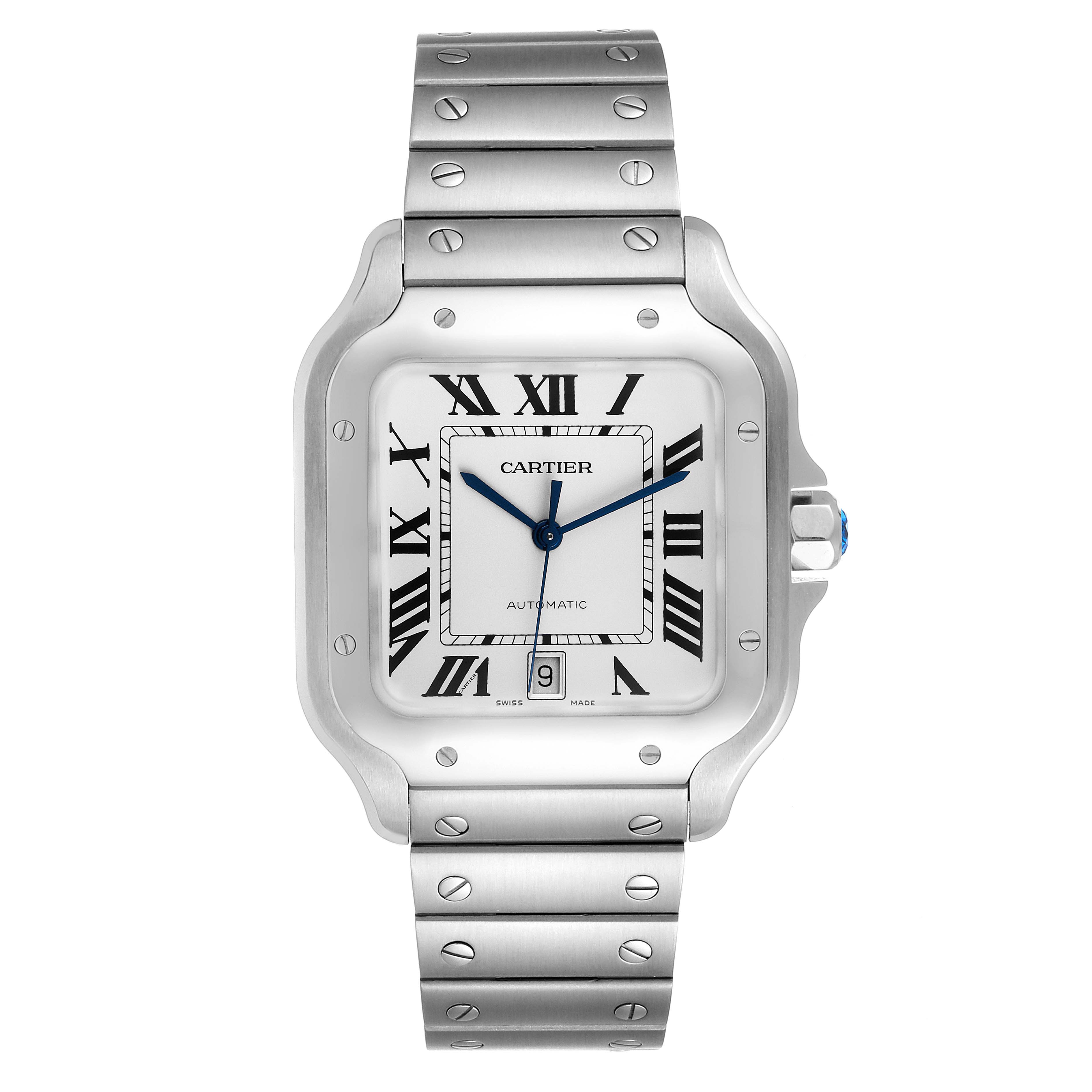 This image shows a front view of a Cartier Santos WSSA0018 Men's Stainless Steel Silver Dial WSSA0018 Men's Stainless Steel Silver Dial watch, highlighting its face, bezel, and metal bracelet.