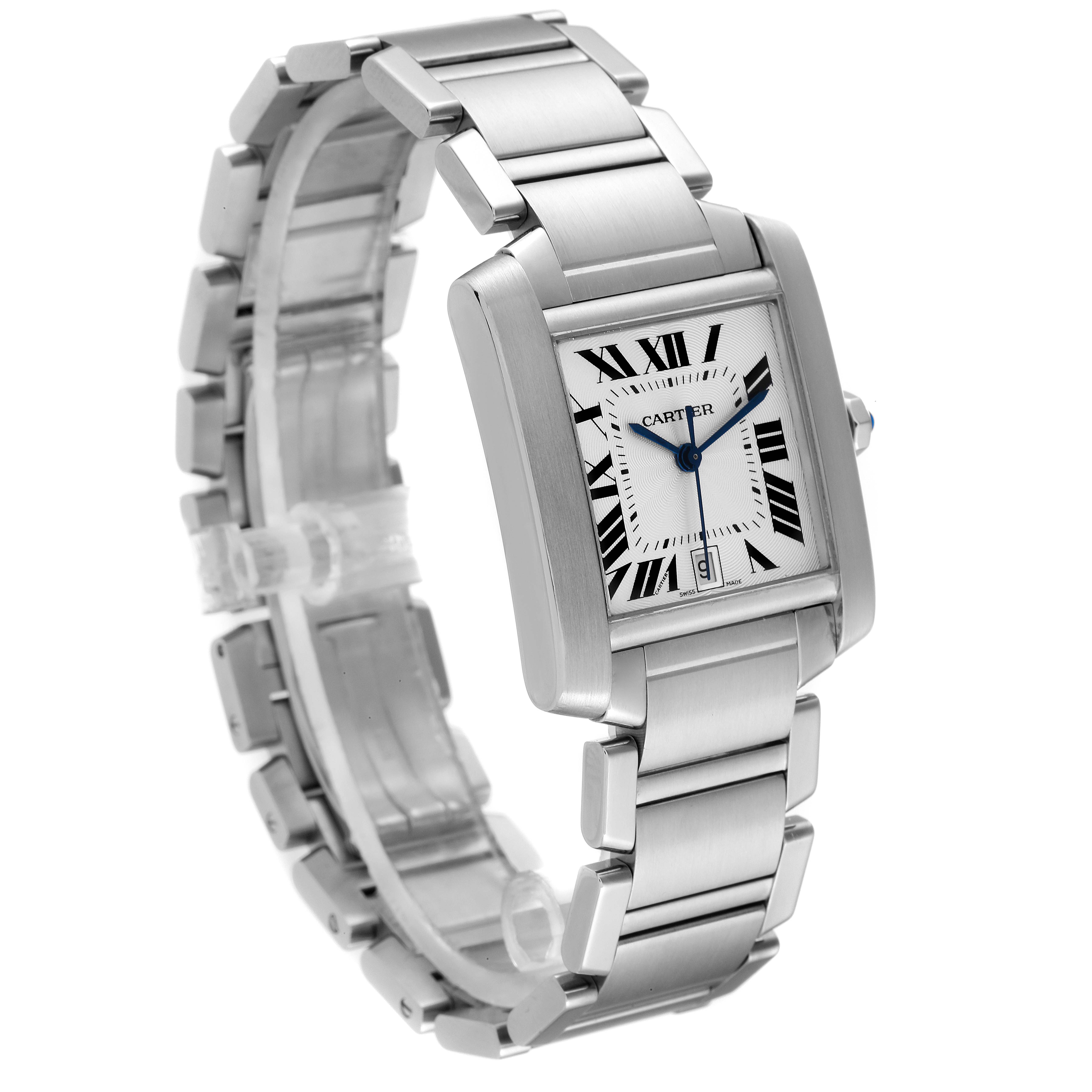 This image shows a Cartier Tank Francaise W51002Q3 Men's Stainless Steel Silver Dial W51002Q3 Men's Stainless Steel Silver Dial watch from an oblique angle, highlighting the dial, bracelet, and crown.