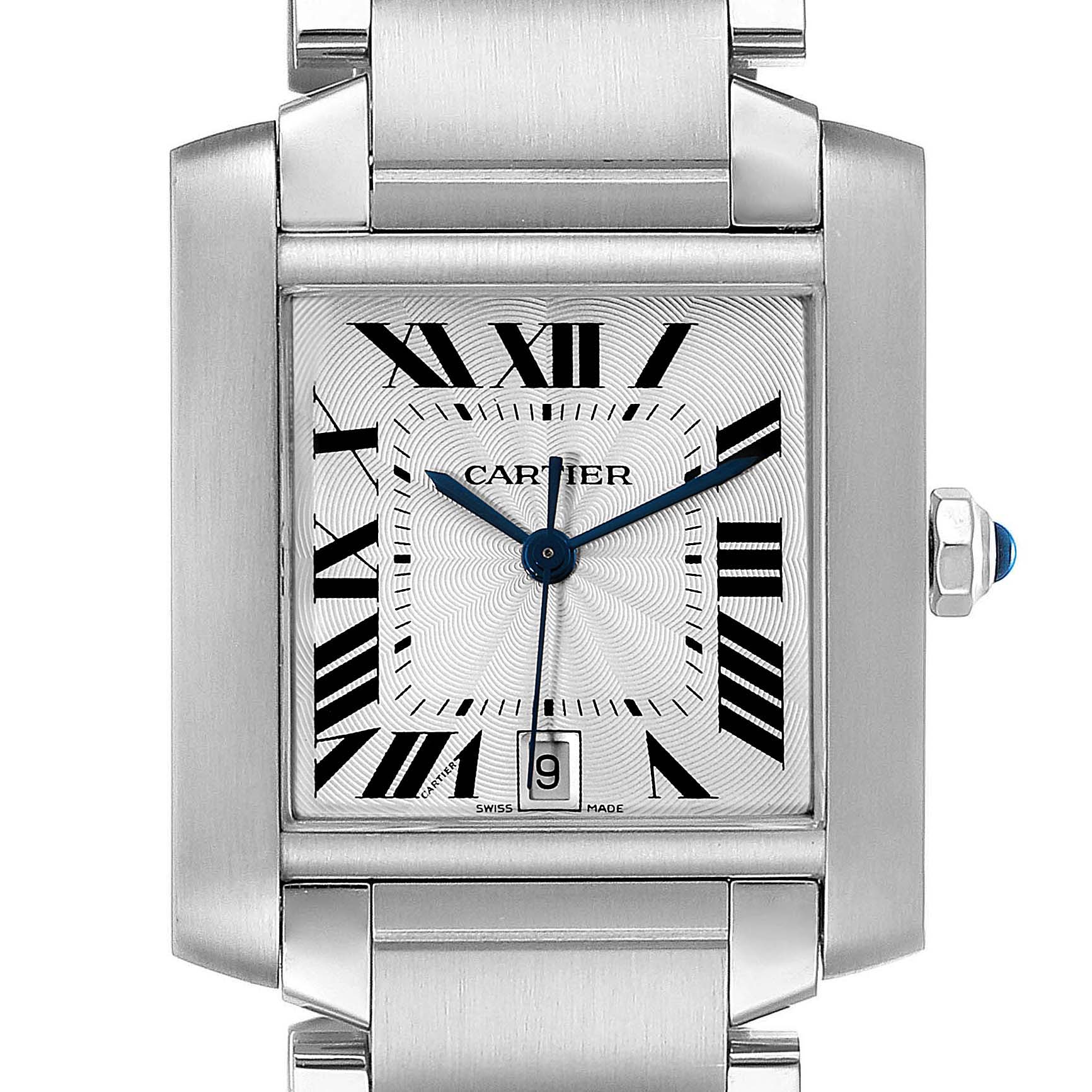 The image displays a front view of a Cartier Tank Francaise W51002Q3 Men's Stainless Steel Silver Dial W51002Q3 Men's Stainless Steel Silver Dial watch, showing the dial, strap, and crown.