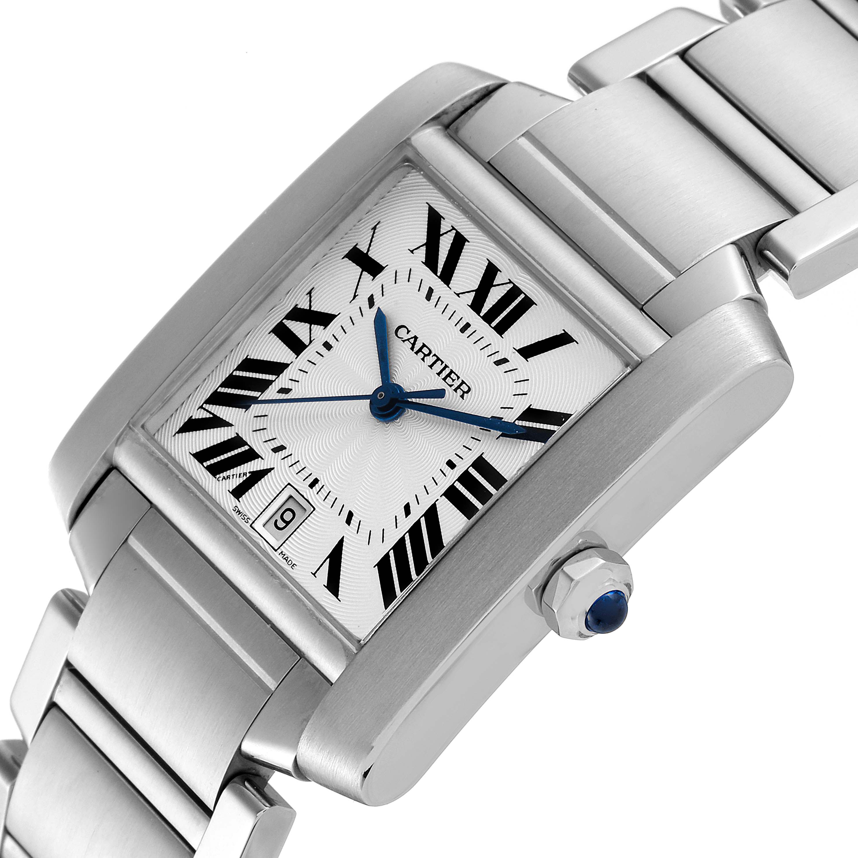 The Cartier Tank Francaise W51002Q3 Men's Stainless Steel Silver Dial W51002Q3 Men's Stainless Steel Silver Dial watch is shown at an oblique angle, displaying its rectangular face, metal bracelet, and crown with a blue gemstone.