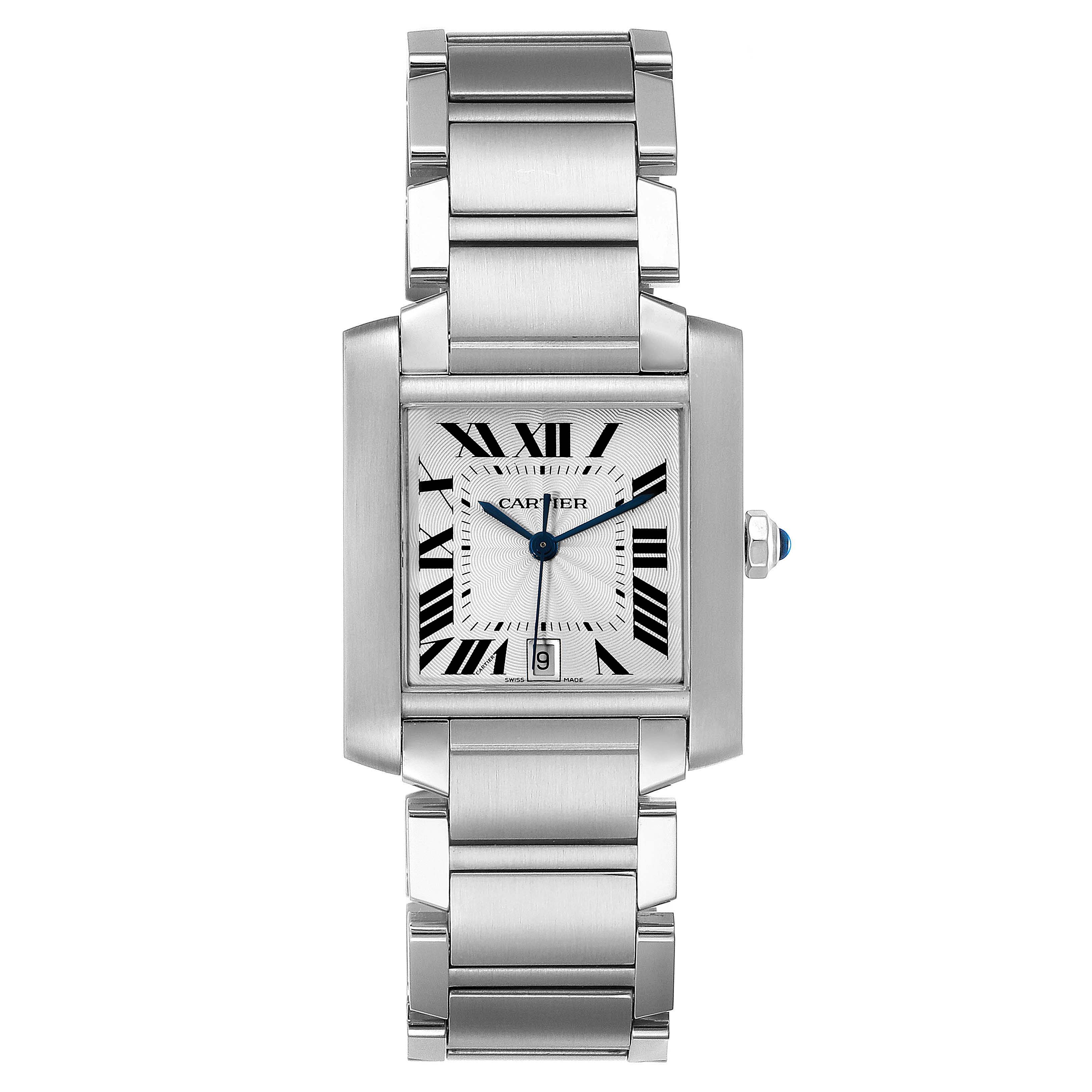 This is a front view of a Cartier Tank Française watch, showing the rectangular dial, Roman numerals, and stainless steel bracelet.