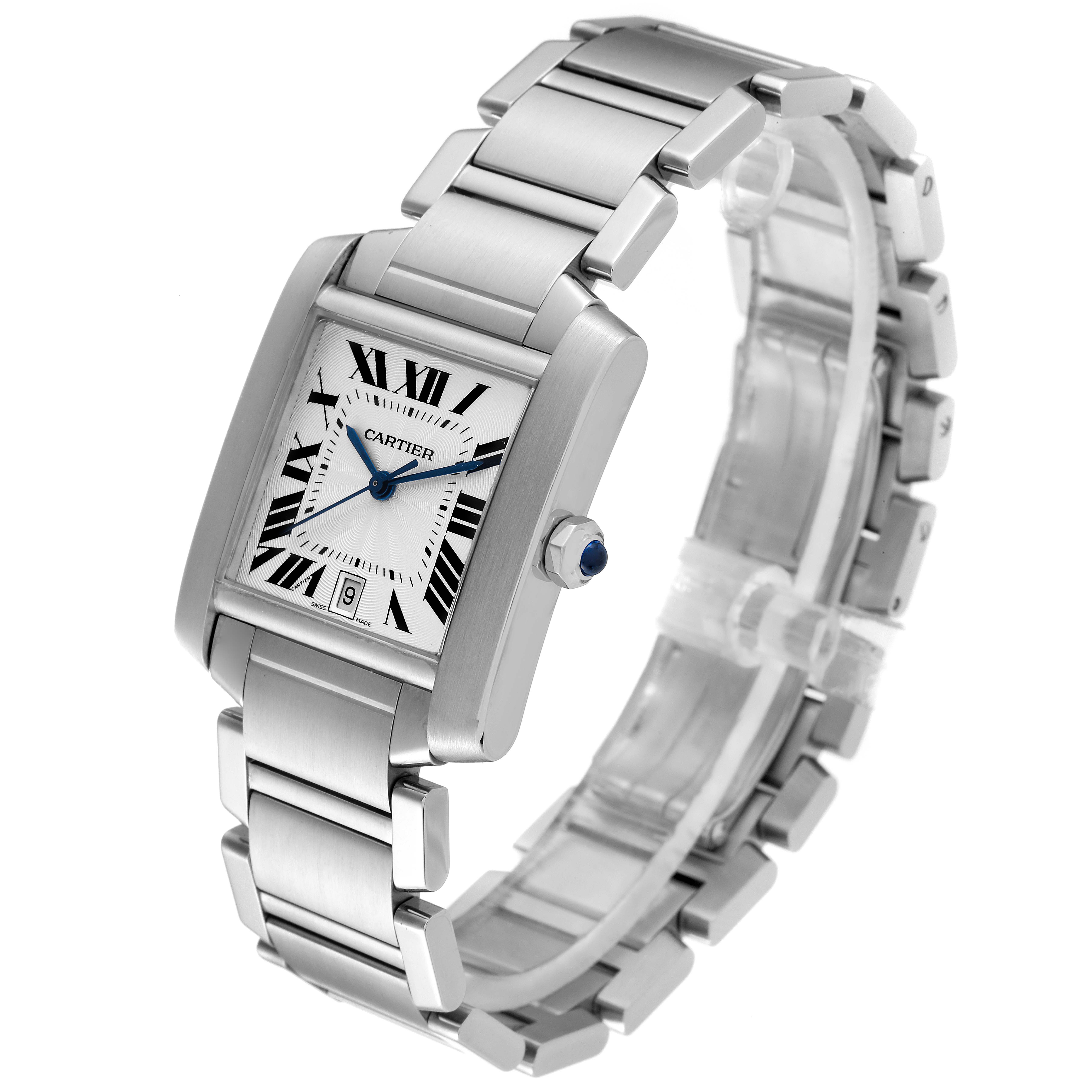 This image shows a Cartier Tank Francaise W51002Q3 Men's Stainless Steel Silver Dial W51002Q3 Men's Stainless Steel Silver Dial watch from a three-quarter angle highlighting the face, bracelet, and crown.
