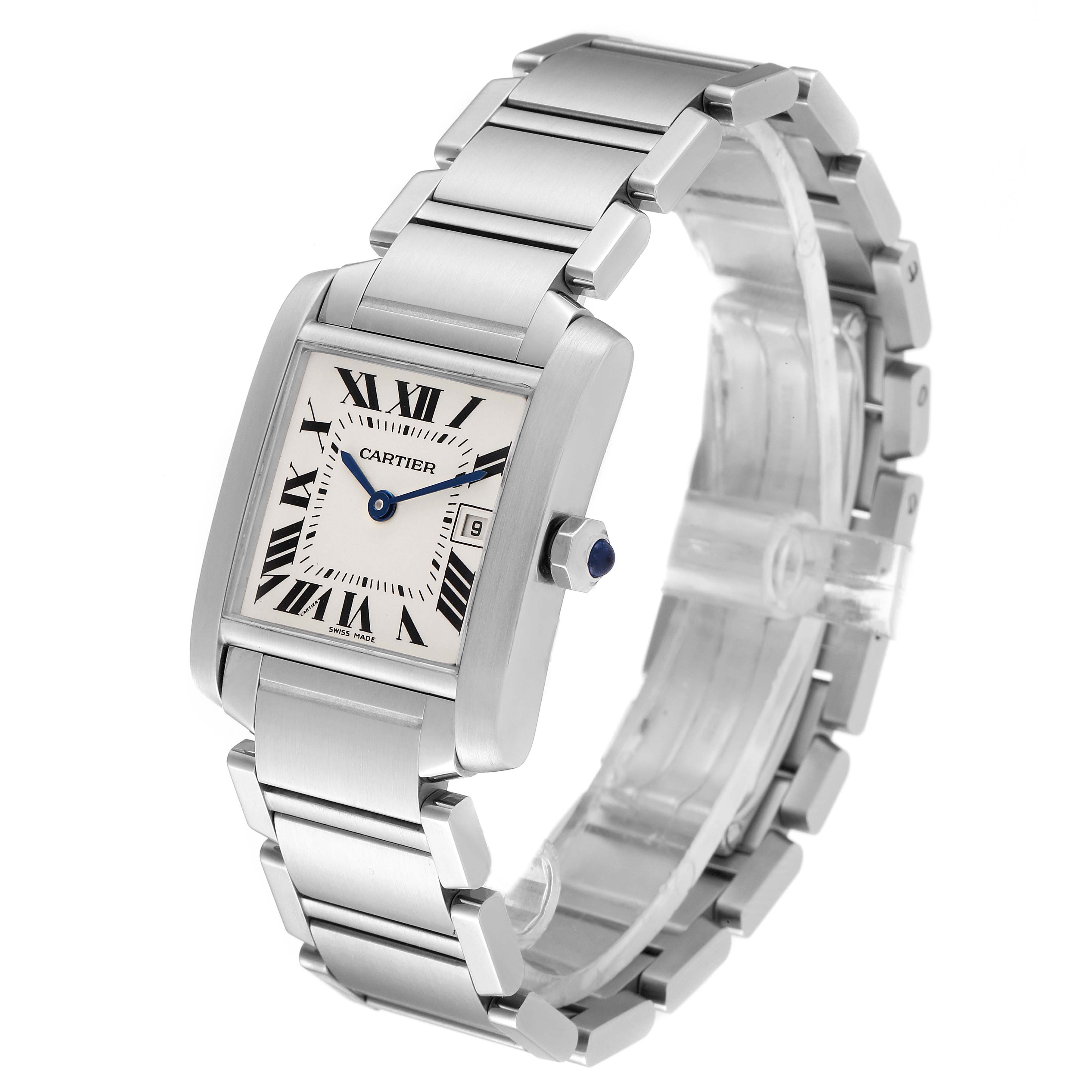 The image shows a Cartier Tank Francaise W51011Q3 Women's Stainless Steel Silver Dial W51011Q3 Women's Stainless Steel Silver Dial watch from a three-quarter angle, highlighting its face, bracelet, and side crown.