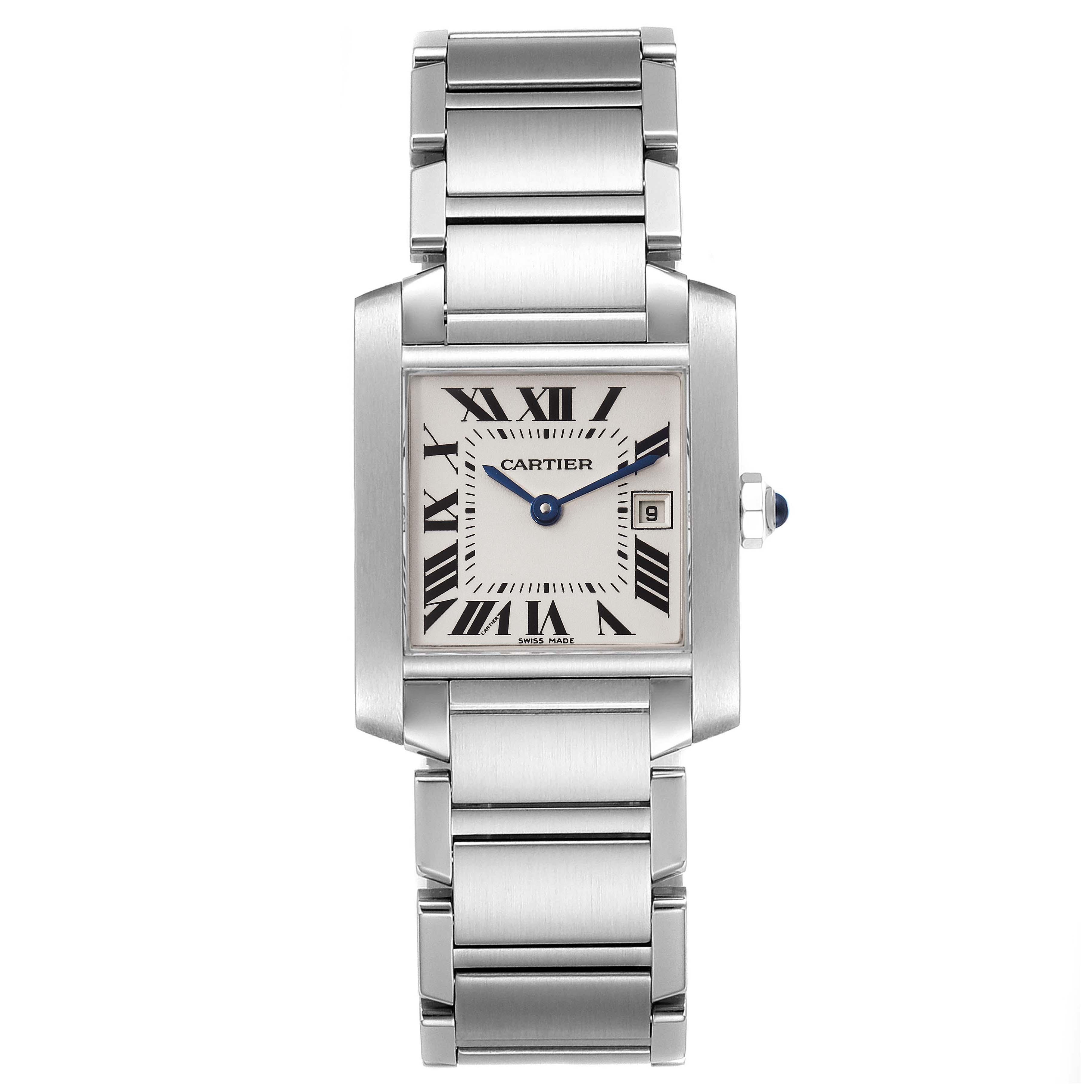 The image shows the front view of a Cartier Tank Francaise W51011Q3 Women's Stainless Steel Silver Dial W51011Q3 Women's Stainless Steel Silver Dial watch, highlighting its Roman numeral dial, date window, and metal bracelet.