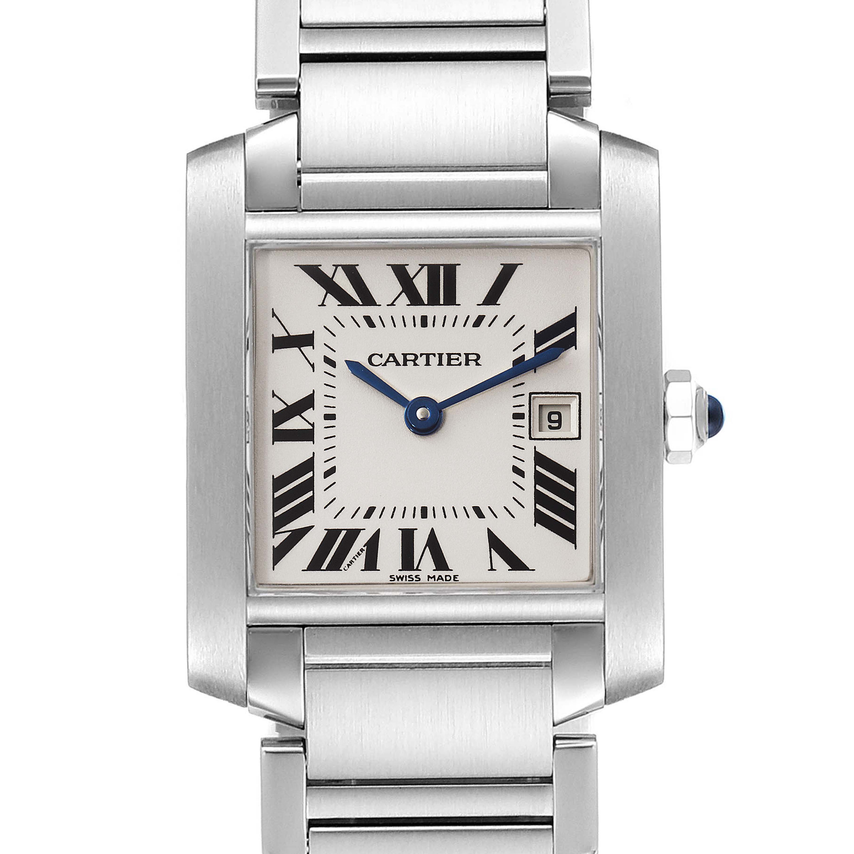 The image shows a close-up, front view of the dial and part of the bracelet of the Cartier Tank Française watch.