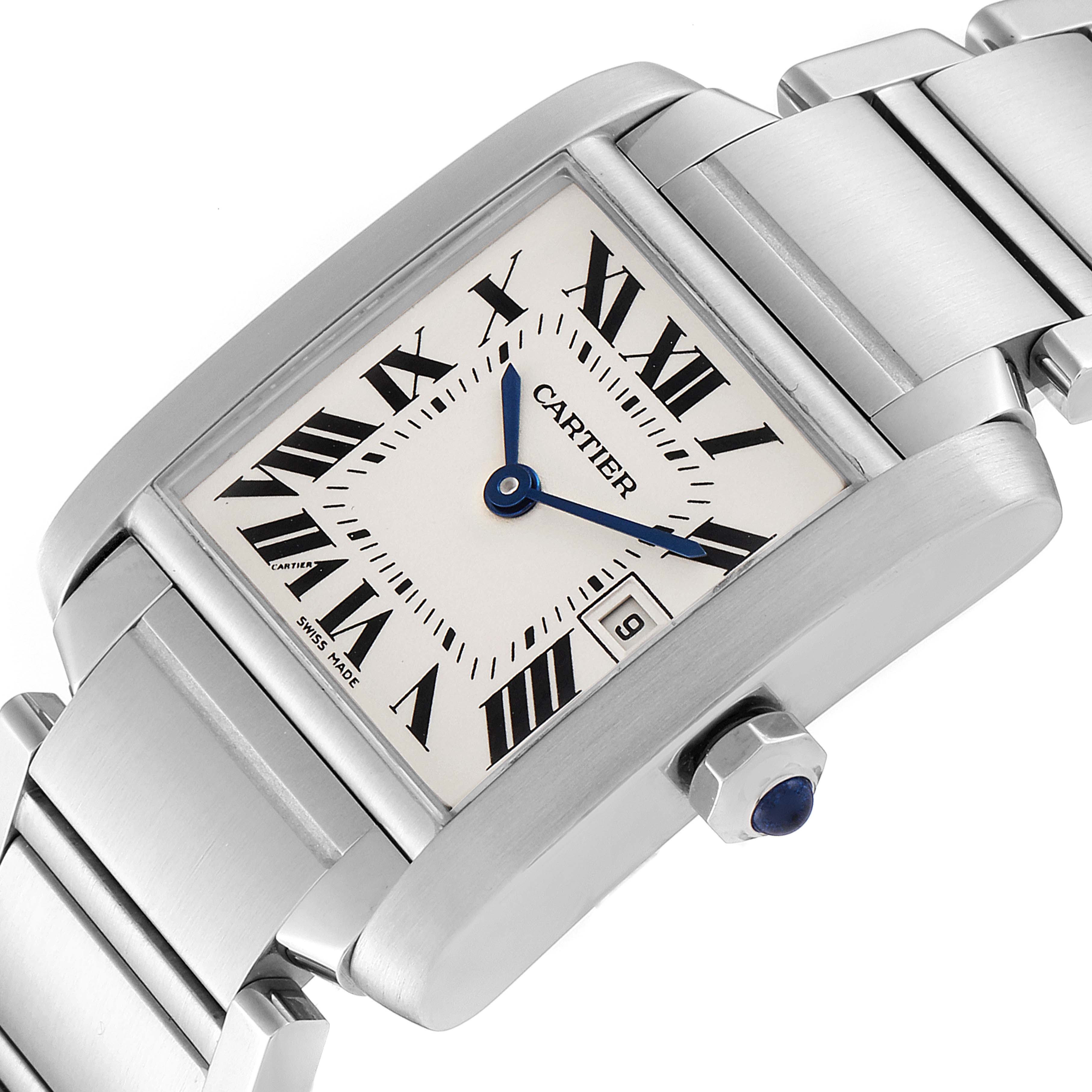 The image shows a close-up angled view of the Cartier Tank Francaise W51011Q3 Women's Stainless Steel Silver Dial W51011Q3 Women's Stainless Steel Silver Dial watch face, crown, and part of the metal bracelet.