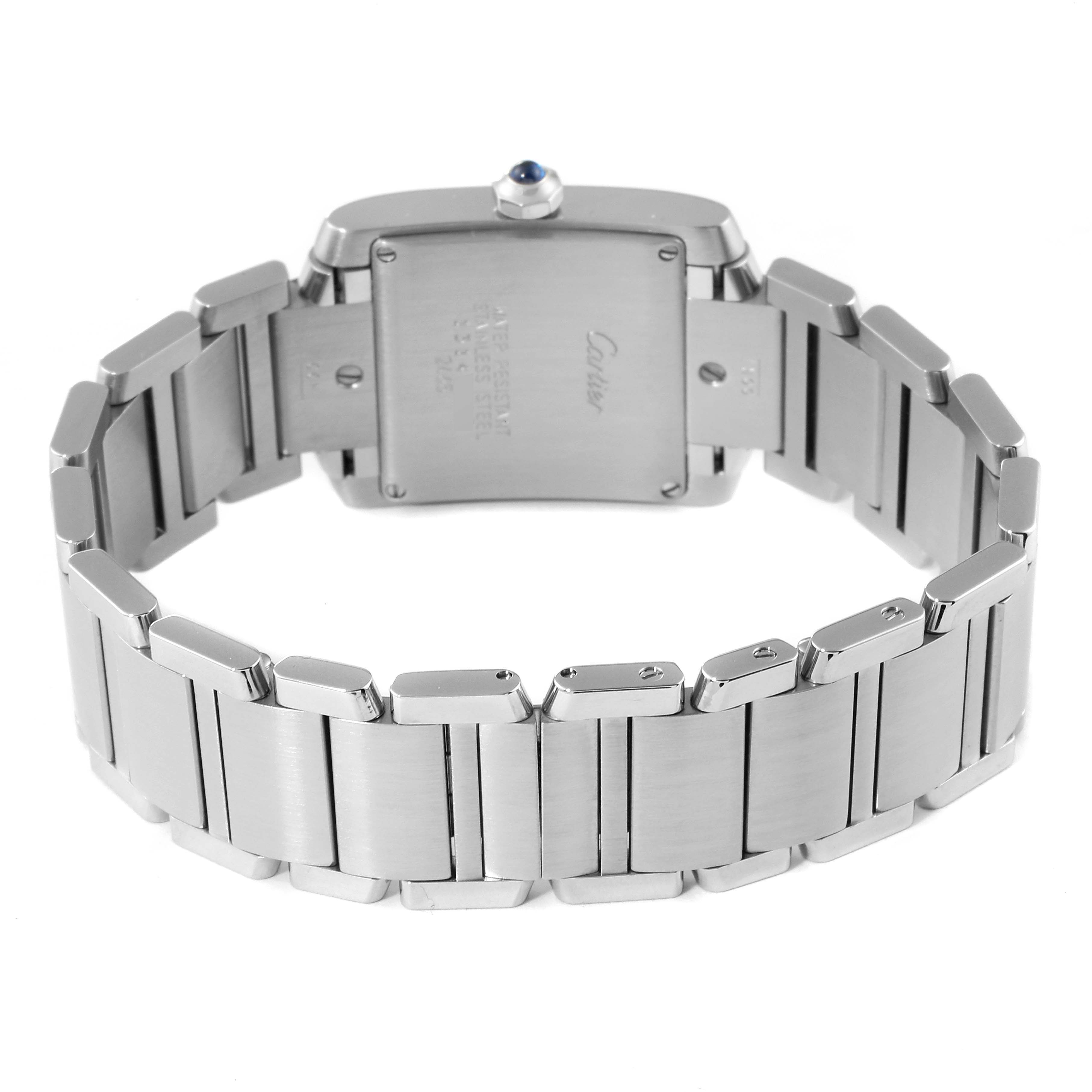 The image shows the back and bracelet of a Cartier Tank Francaise W51011Q3 Women's Stainless Steel Silver Dial W51011Q3 Women's Stainless Steel Silver Dial watch in a fully opened position.